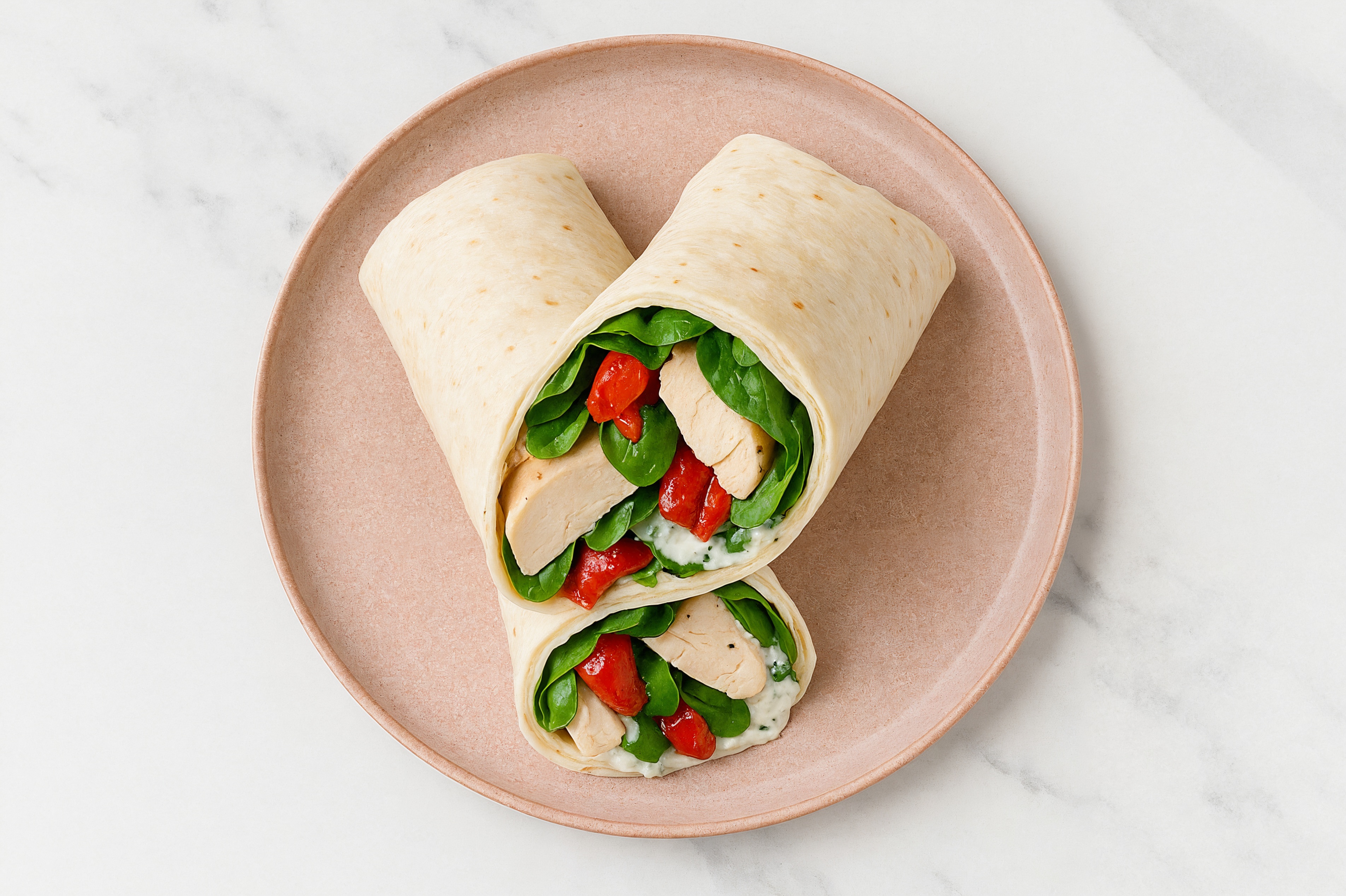 Creamy Roasted Chicken + Roasted Pepper Wraps with Spinach