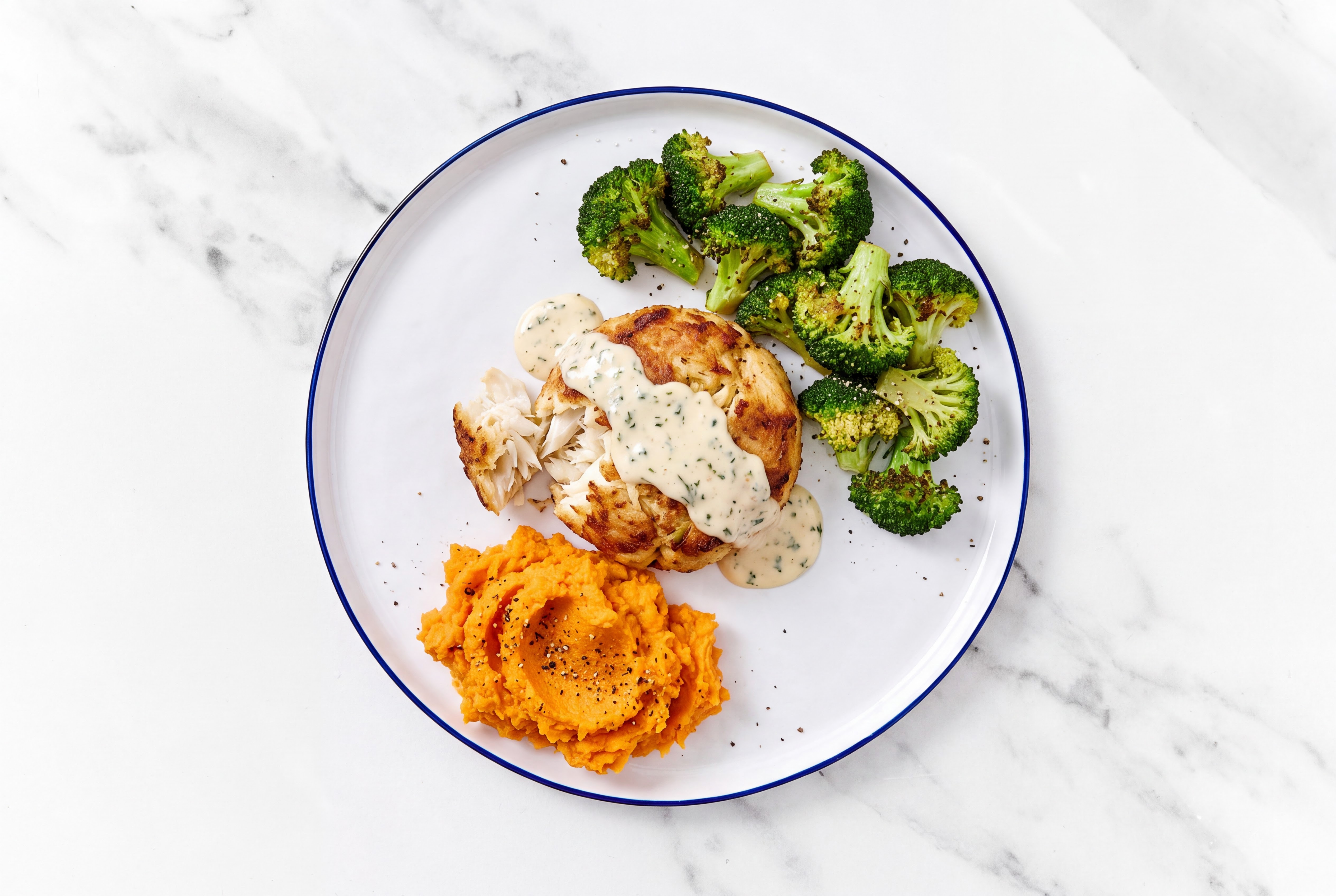 Garlicky Jumbo Lump Crab Cakes with Sweet Potato Mash