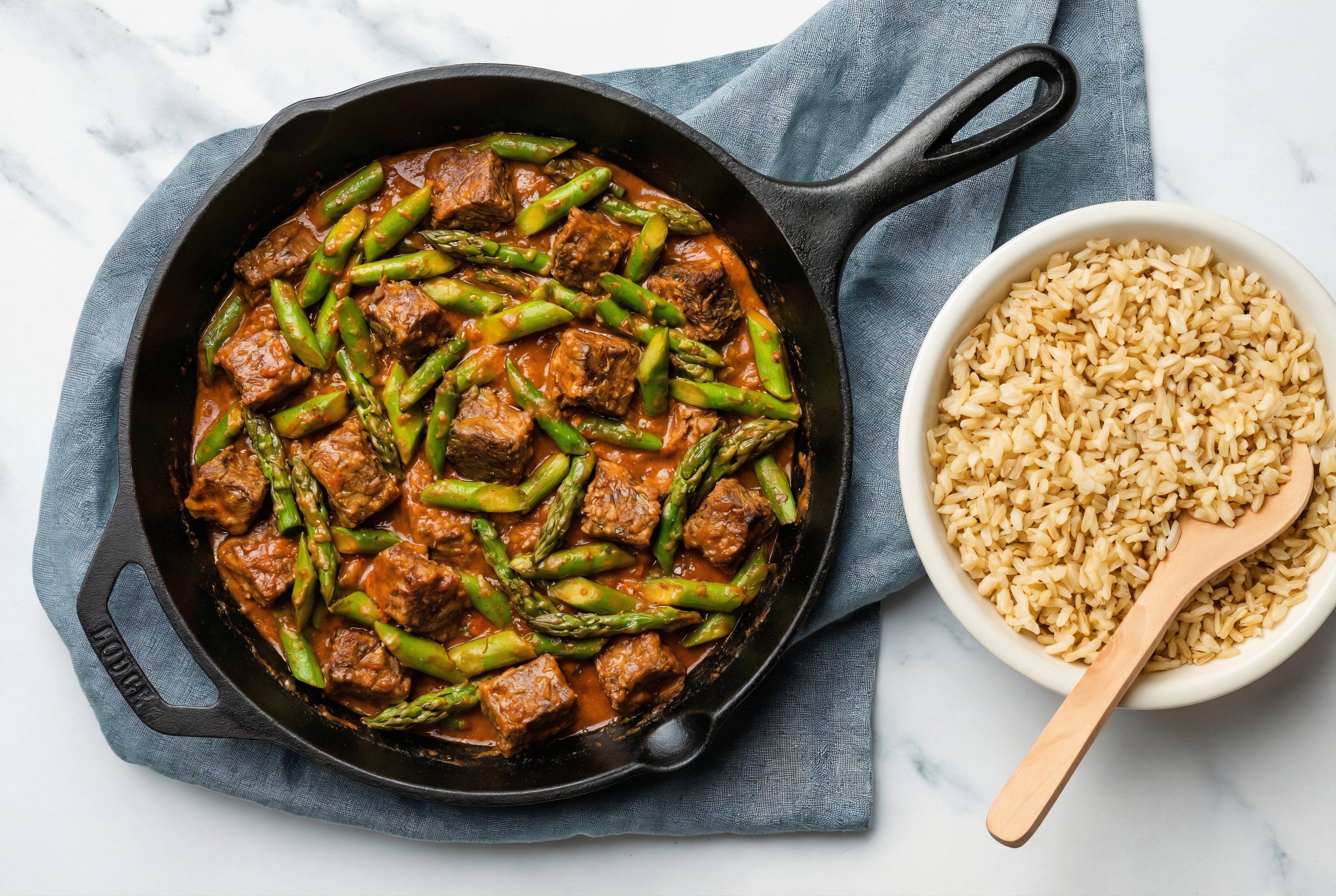 Tikka Masala Short Rib Stir-Fry with Asparagus over Brown Rice