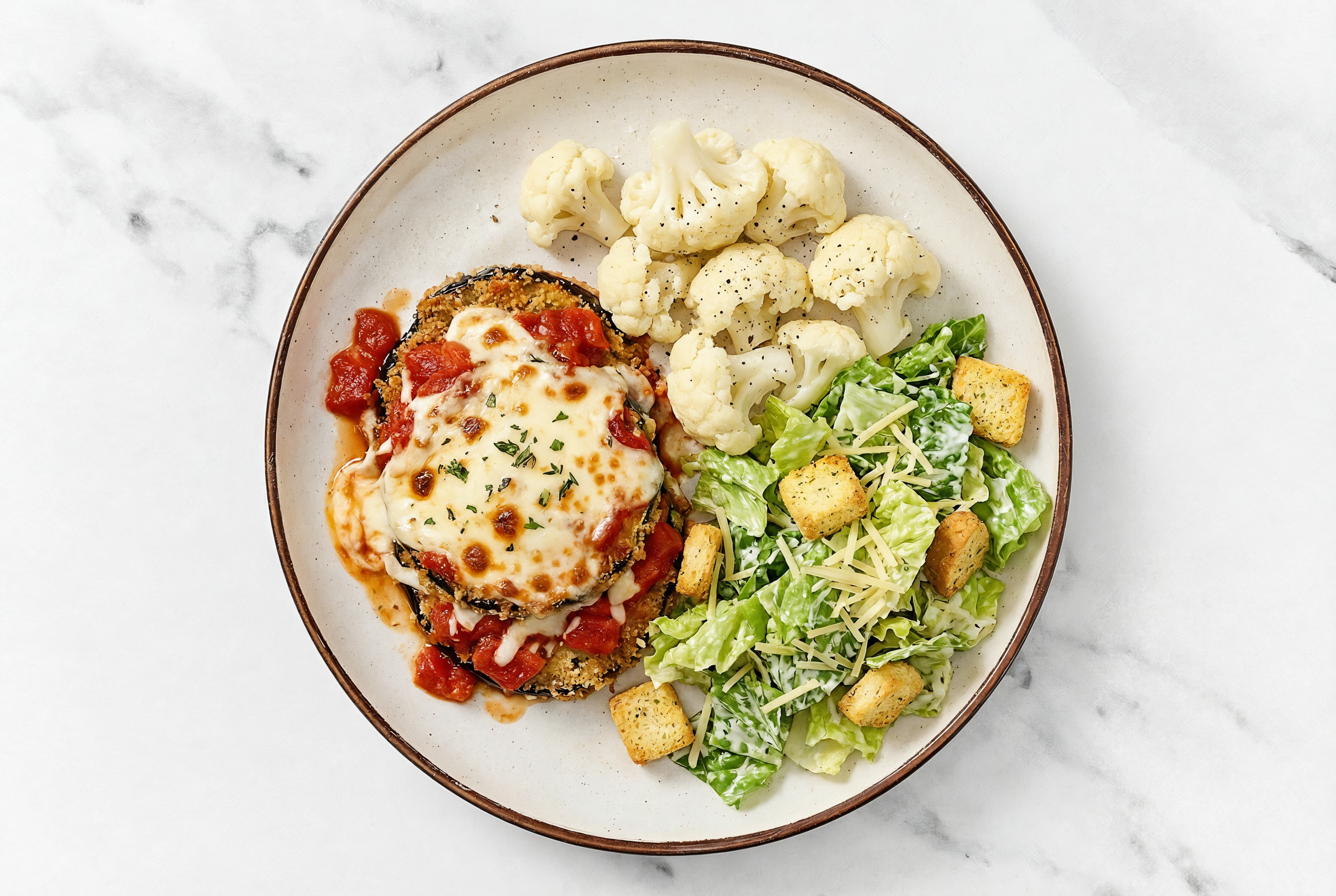 Eggplant Parmesan with Cauliflower Florets + Caesar Salad