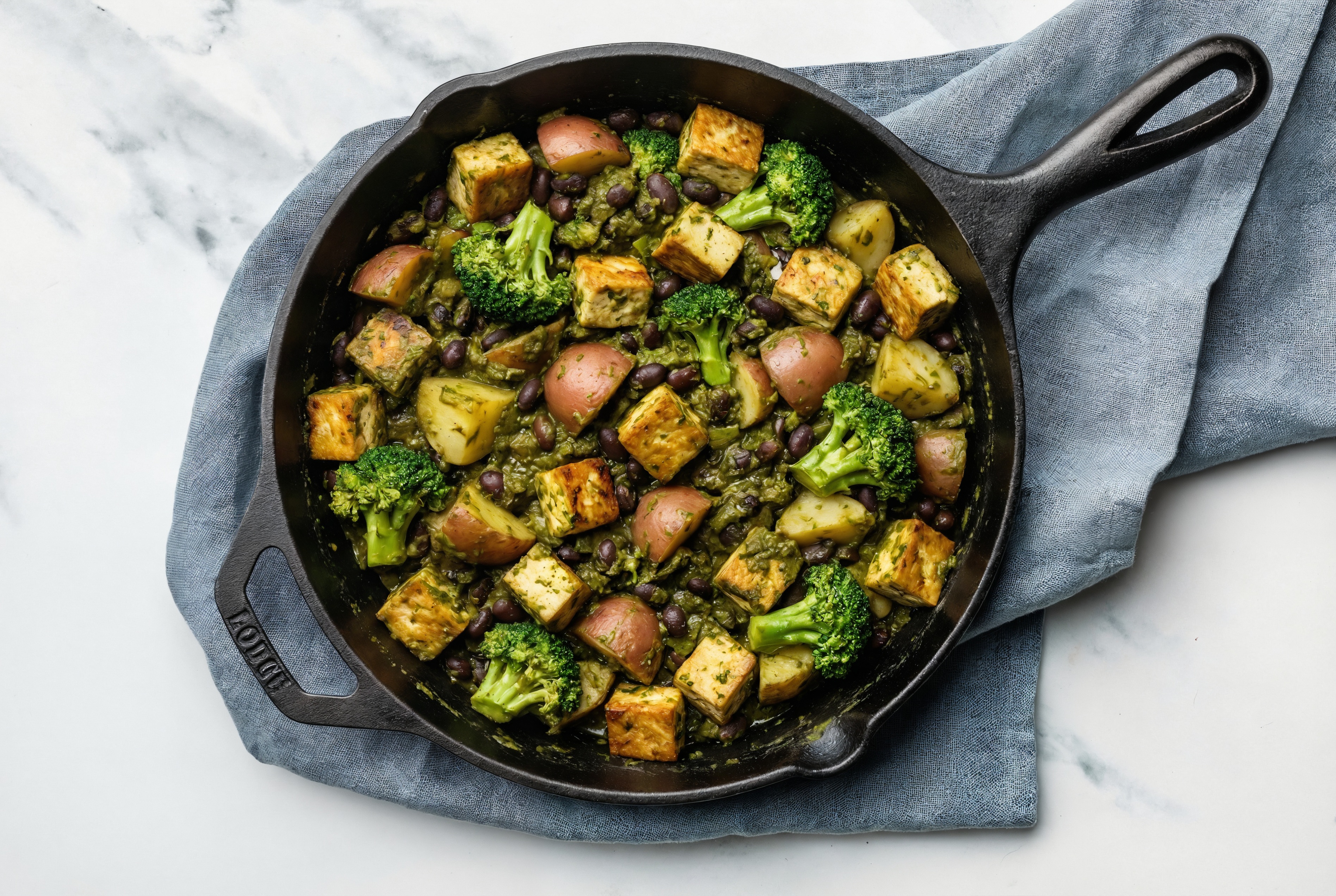 Tofu + Black Bean Saag with Broccoli + Potatoes