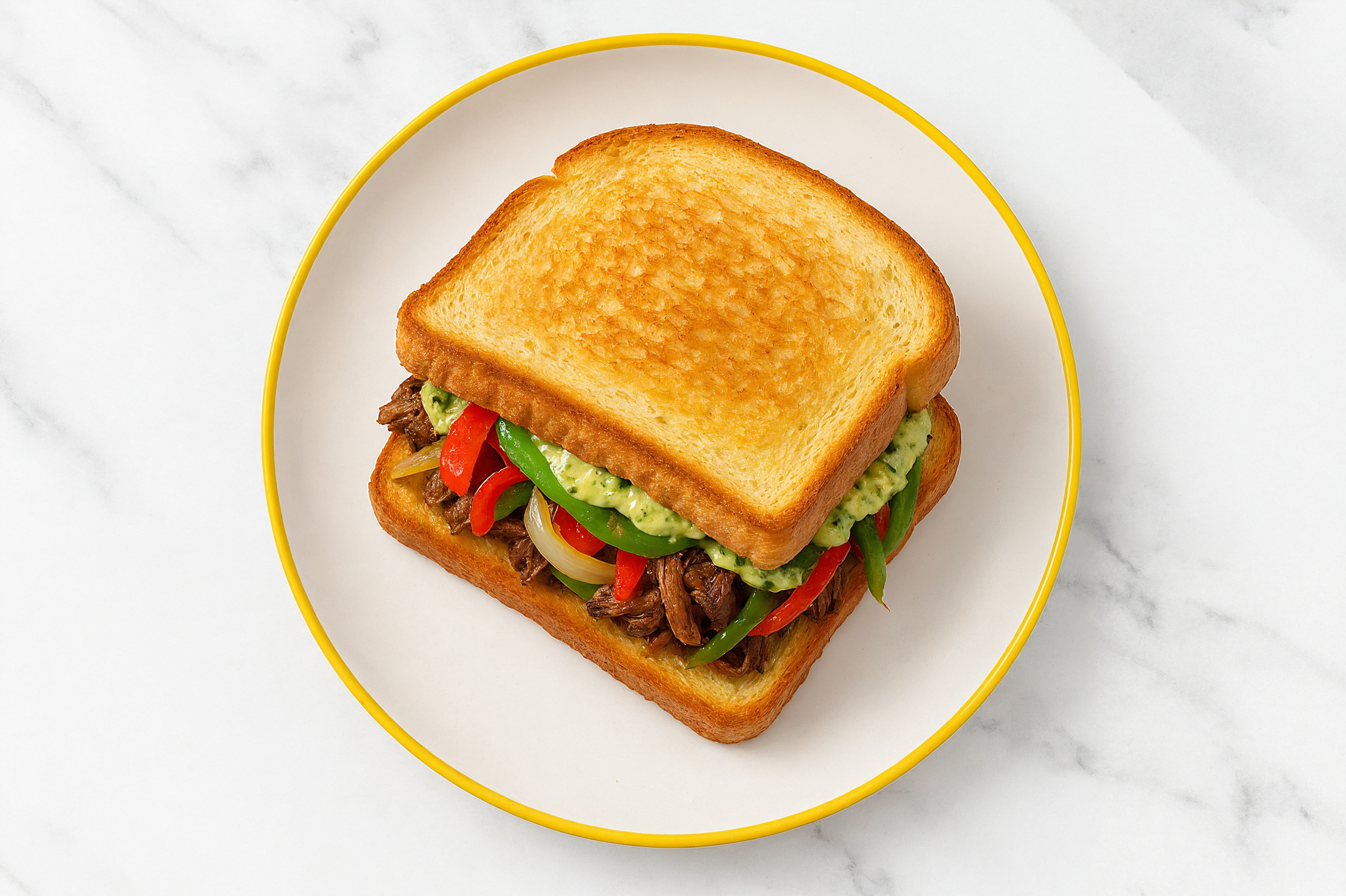 Creamy Artichoke Beef Short Rib Sandwich with Peppers + Onion on Honey White Bread