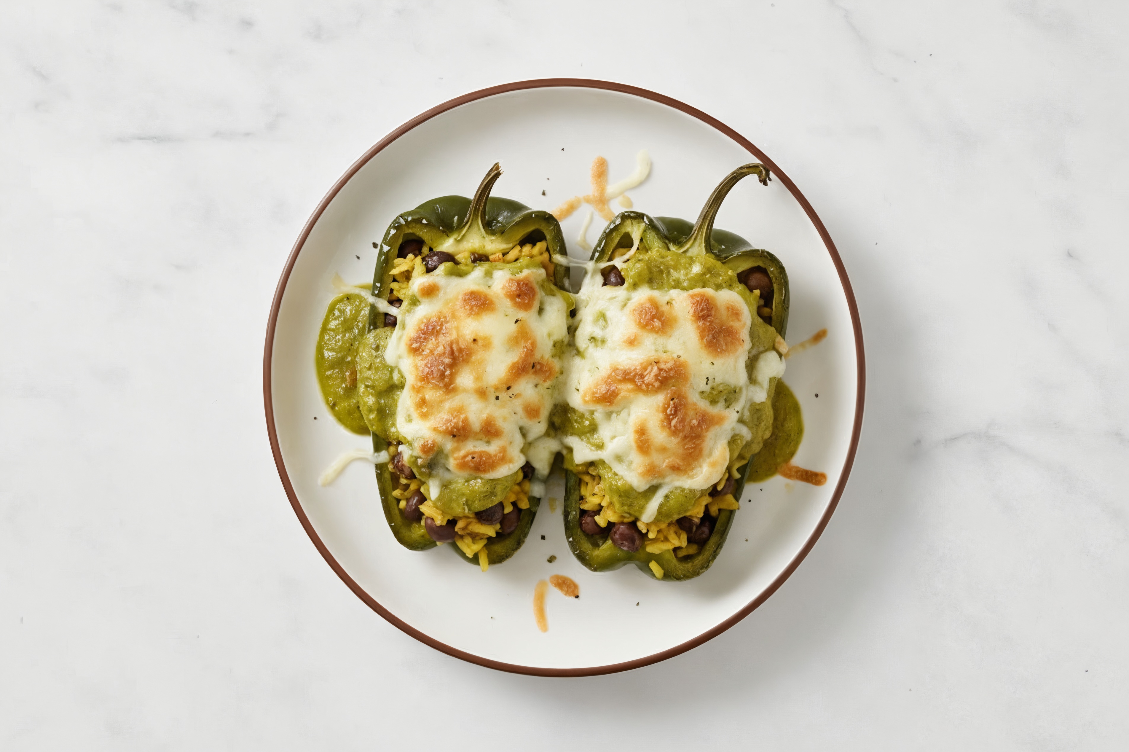 Cheesy Bean + Rice with Beans Stuffed Poblano Peppers with Shredded Mozzarella Cheese
