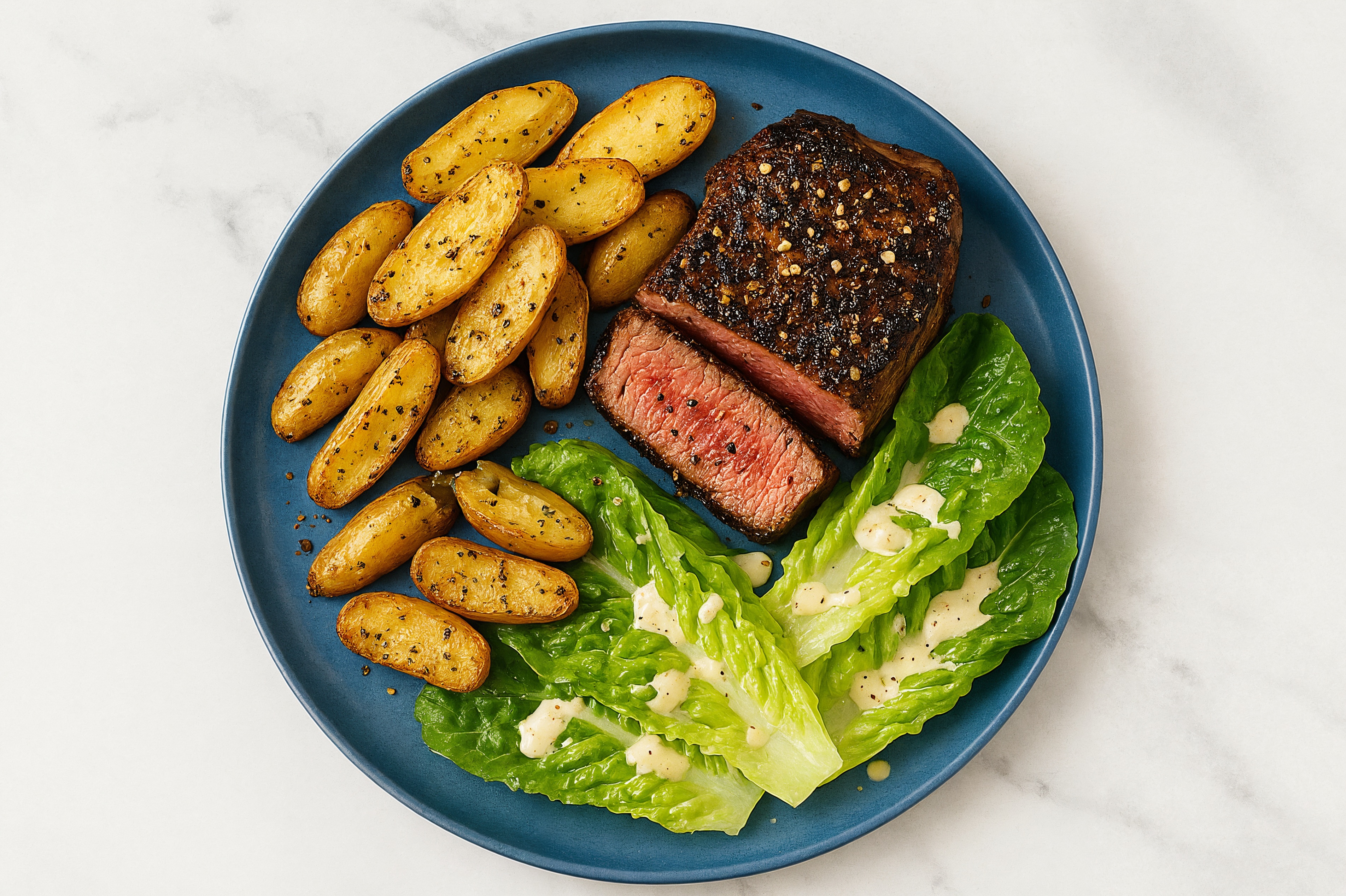 NY Strip with Creamy Asiago Salad + Potatoes