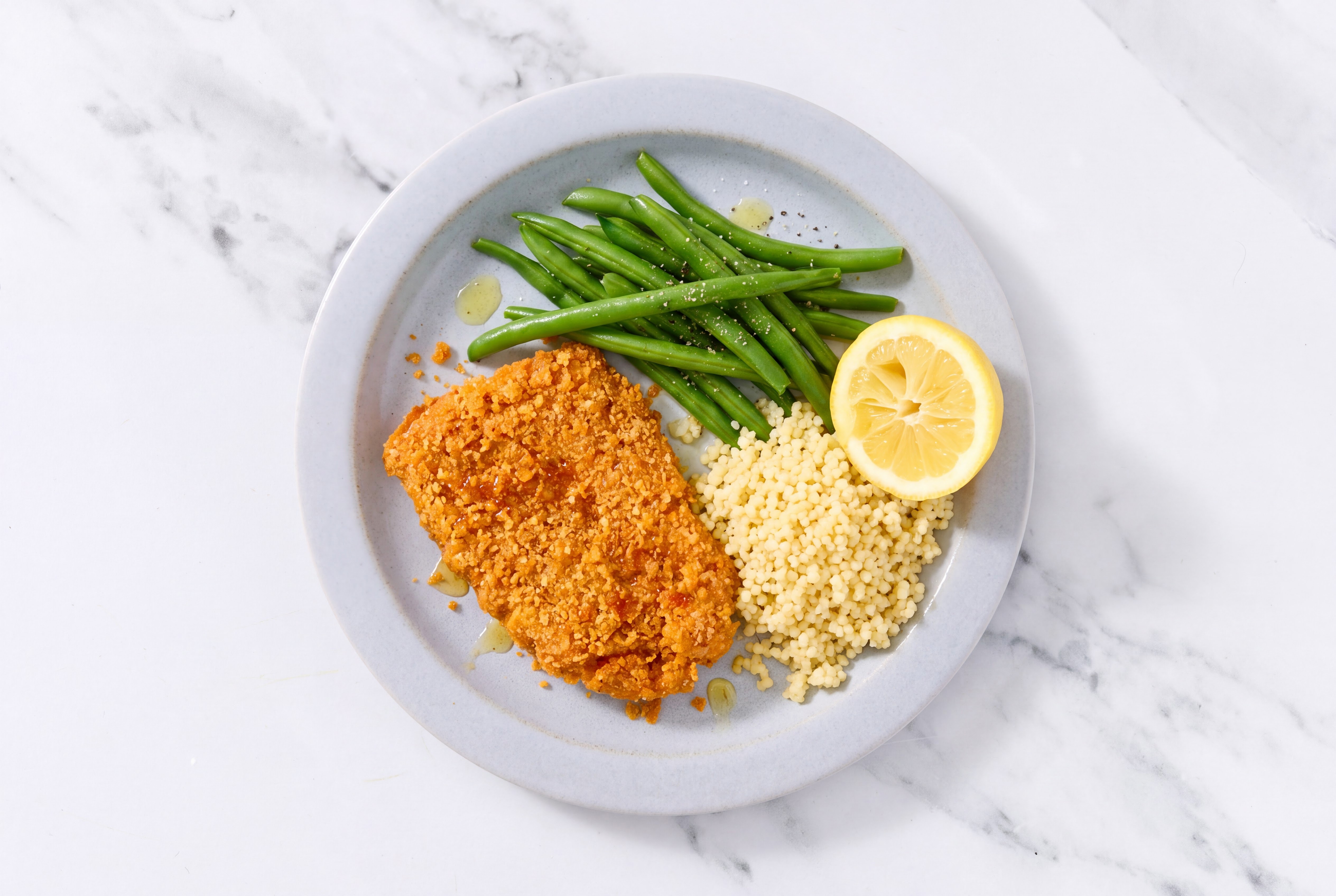 Lemon Hot Honey Breaded Chicken Cutlet with Green Beans & Couscous