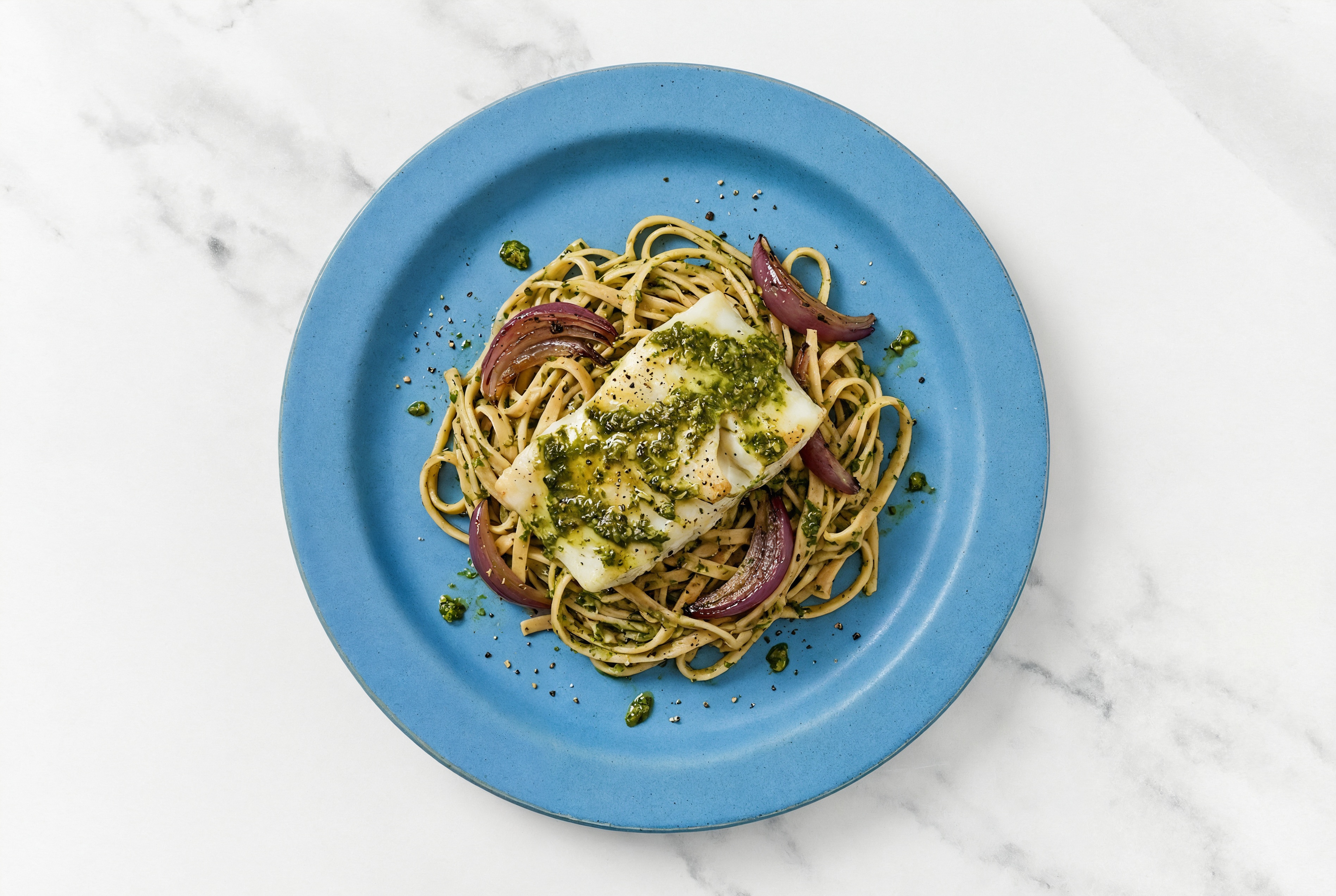 Dairy-Free Pesto Cod + Roasted Onion Linguine