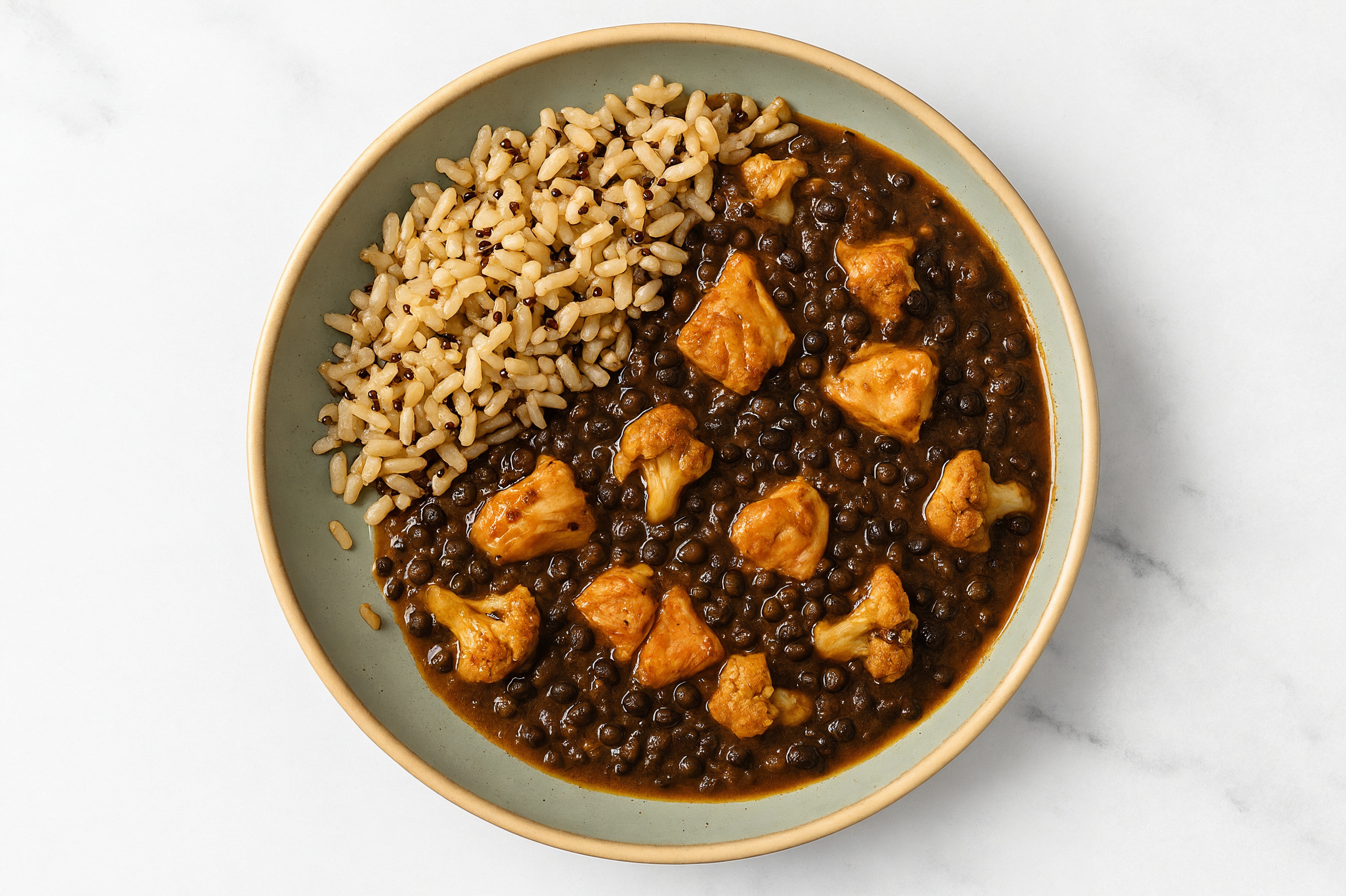 Salmon & Lentil Stew with Cauliflower Florets & Brown Rice
