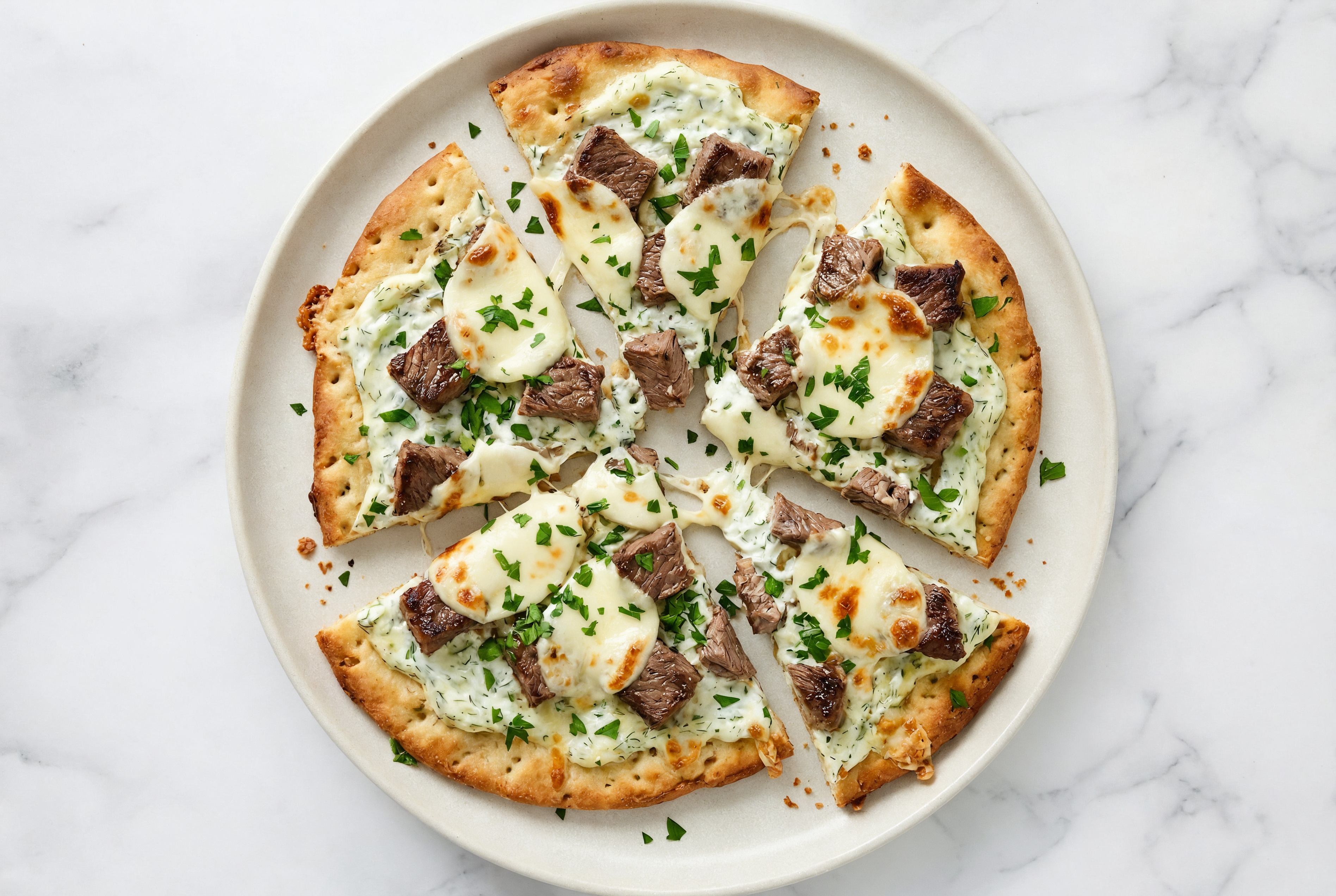 Creamy Feta Wagyu Ribeye Pizza with Fresh Mozz + Fresh Parsley