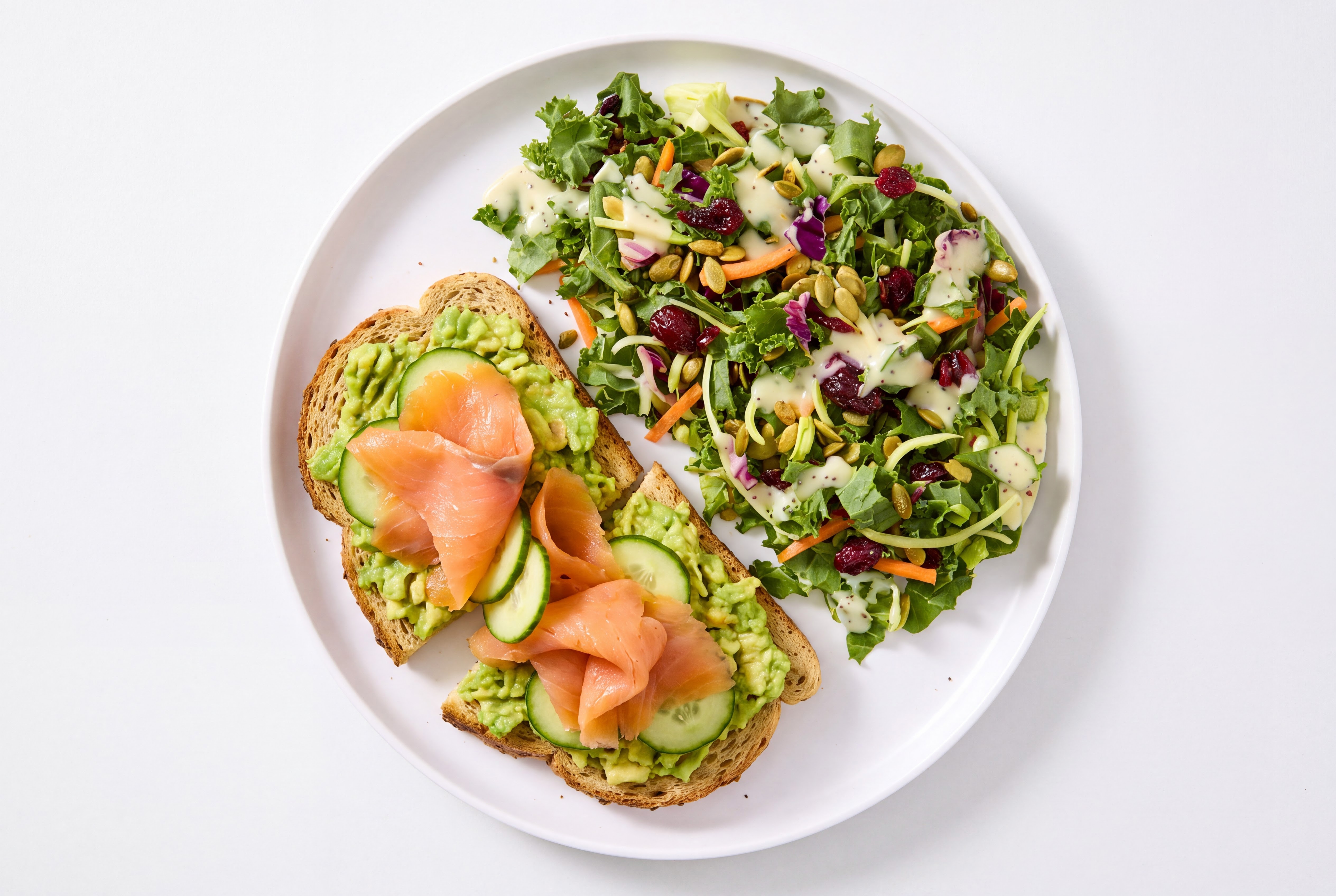 Open Face Avocado + Smoke Salmon Sandwiches with Chopped Kale Salad Side
