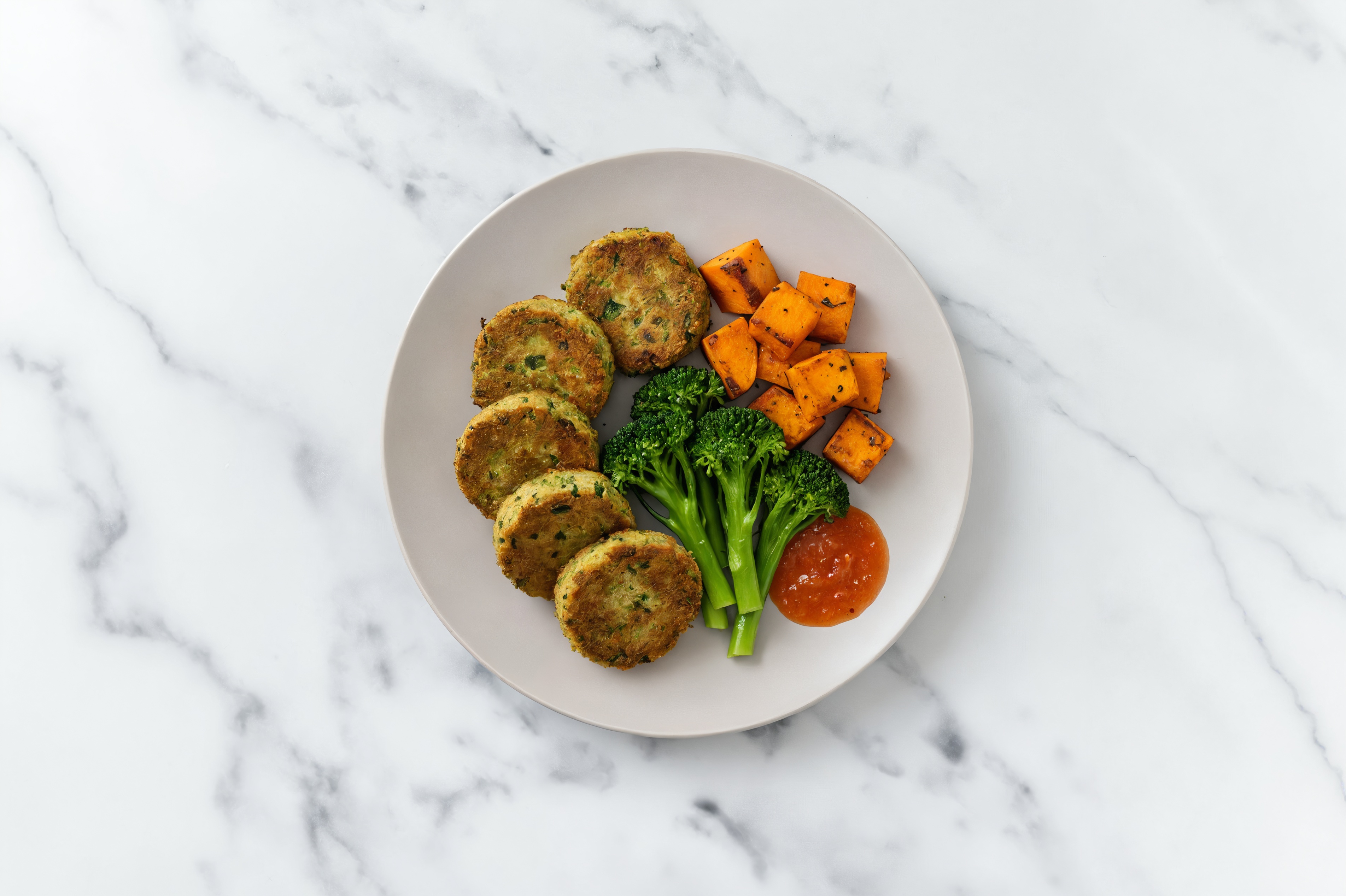 Sweet Chili Zucchini Falafel with Sweet Potatoes & Baby Broccoli