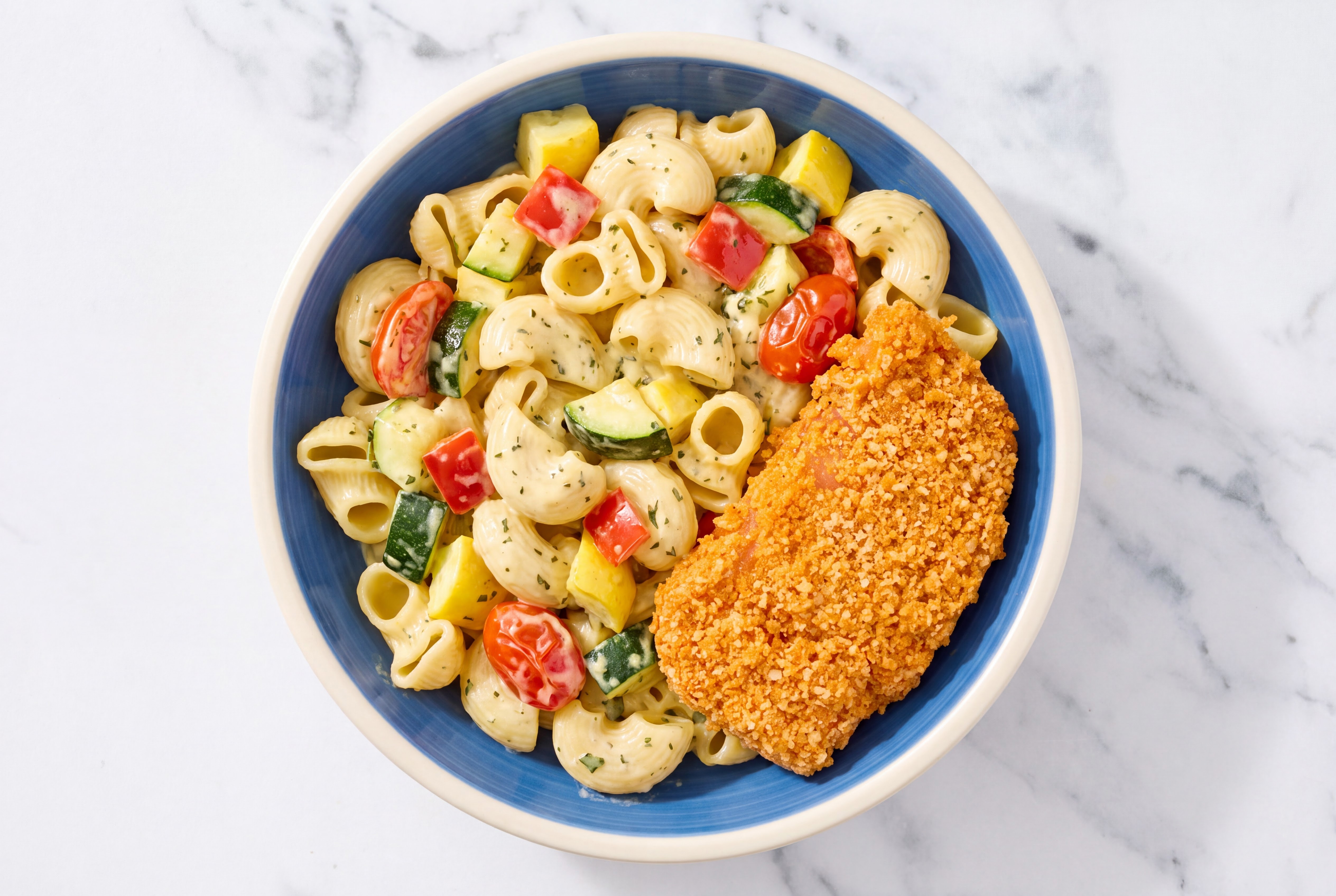 Crispy Hot Honey Chicken over Creamy Chiocciole Pasta with Mixed Veggies
