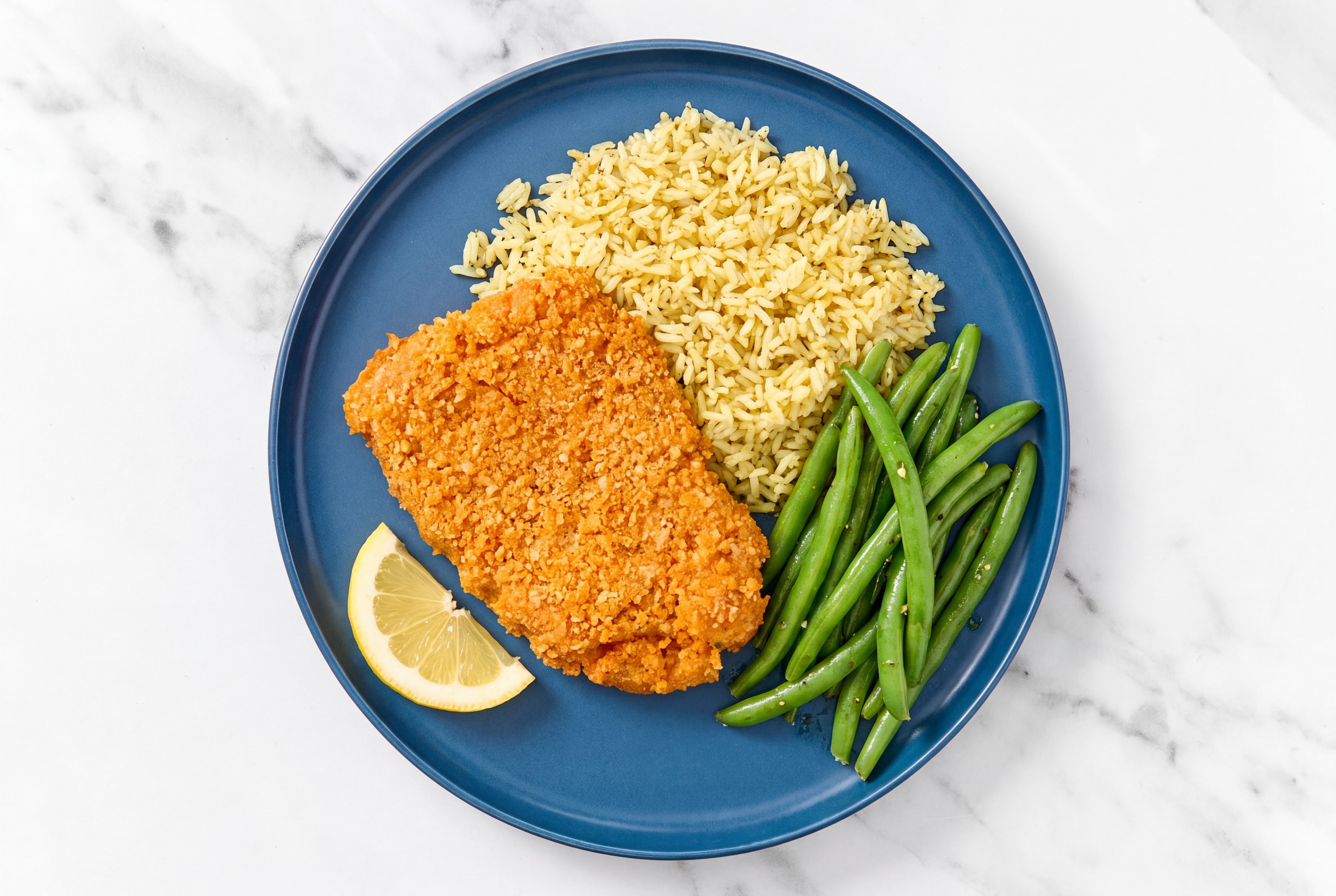 Lemon Hot Honey Breaded Chicken Cutlet with Organic Green Beans & Jasmine Rice
