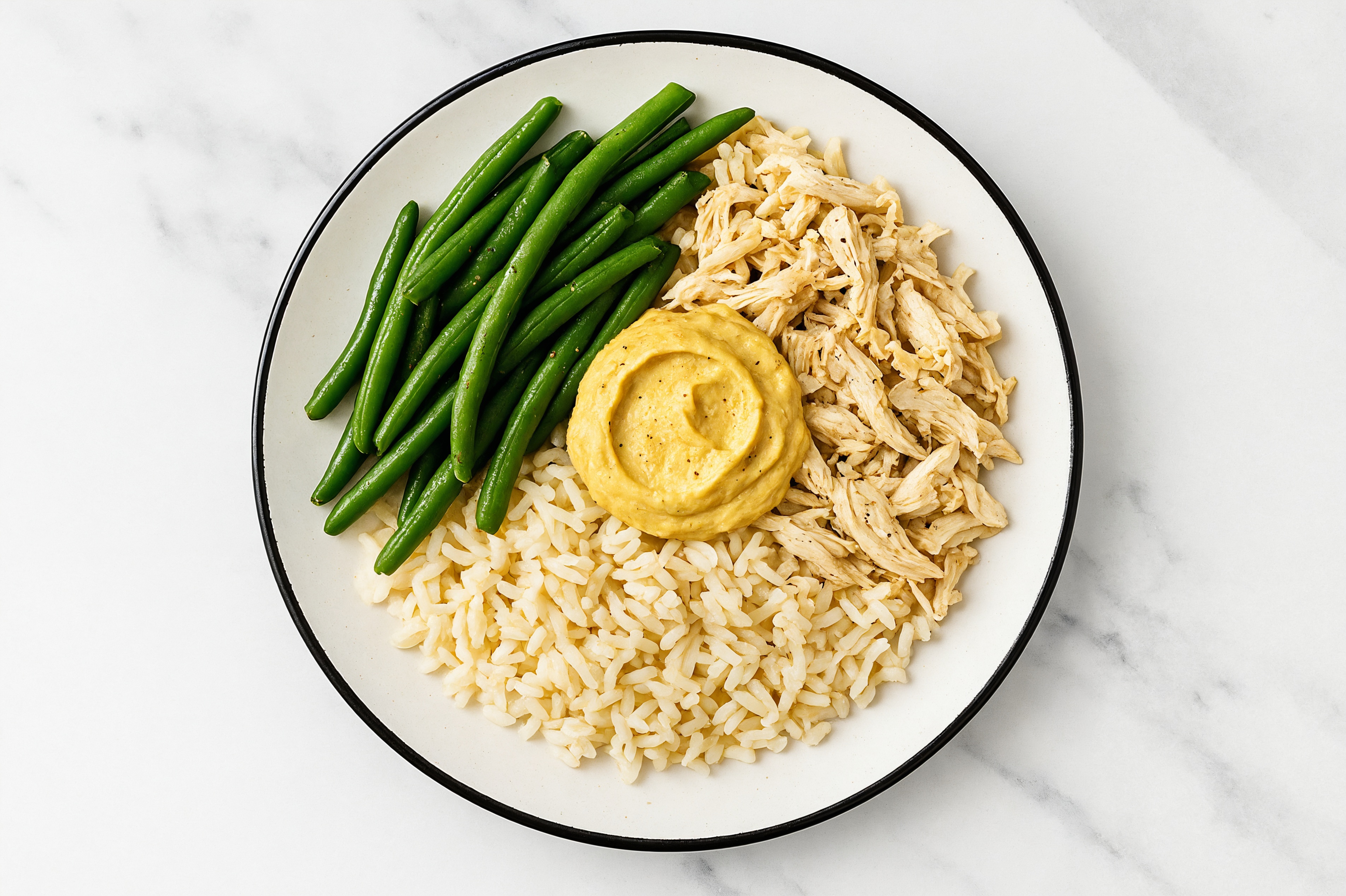 Pulled Chicken White Rice Bowl with Onion Hummus & Green Beans