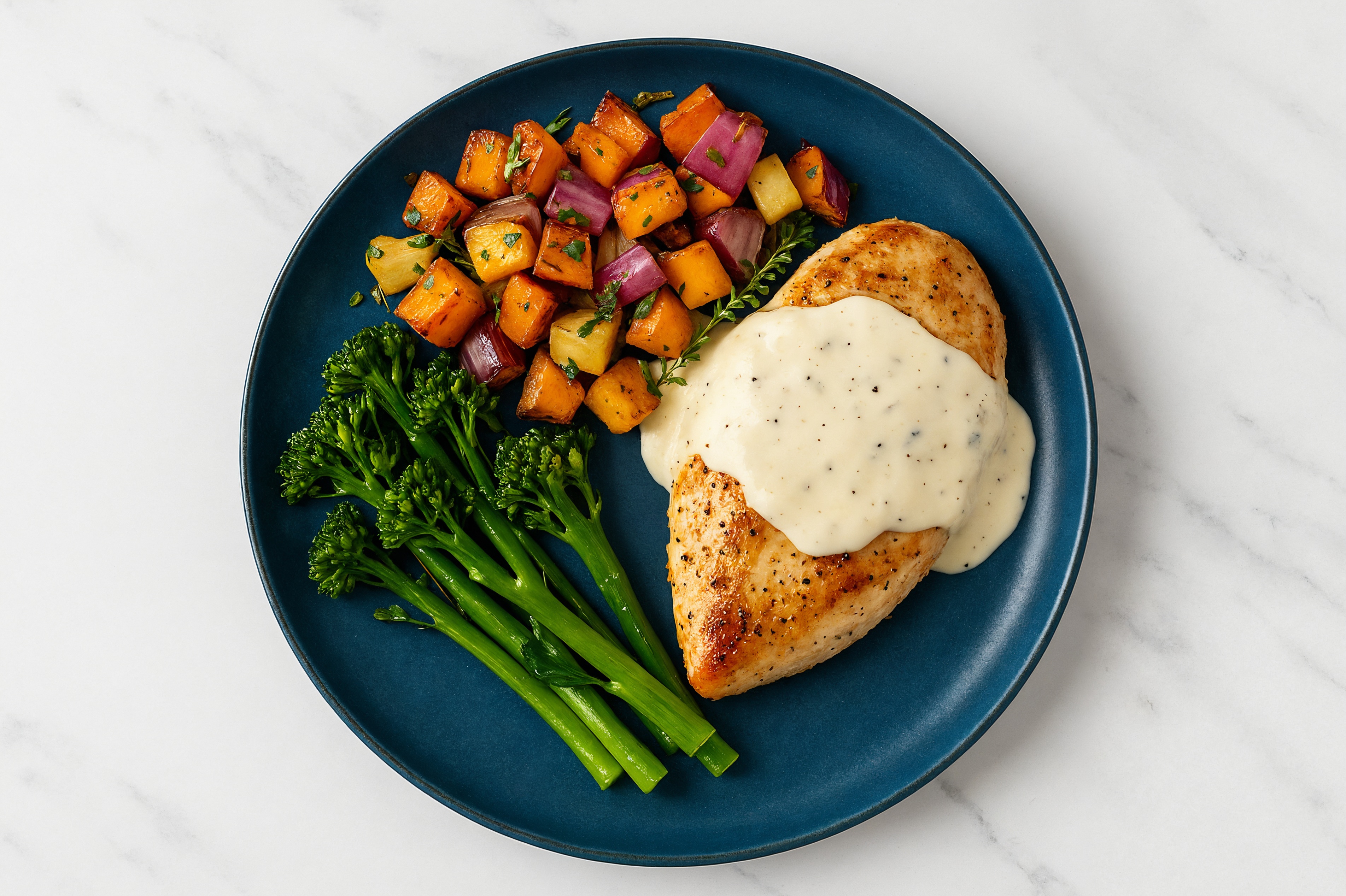 Creamy Parmesan Smothered Chicken Breasts with Baby Broccoli & Roasted Vegetables