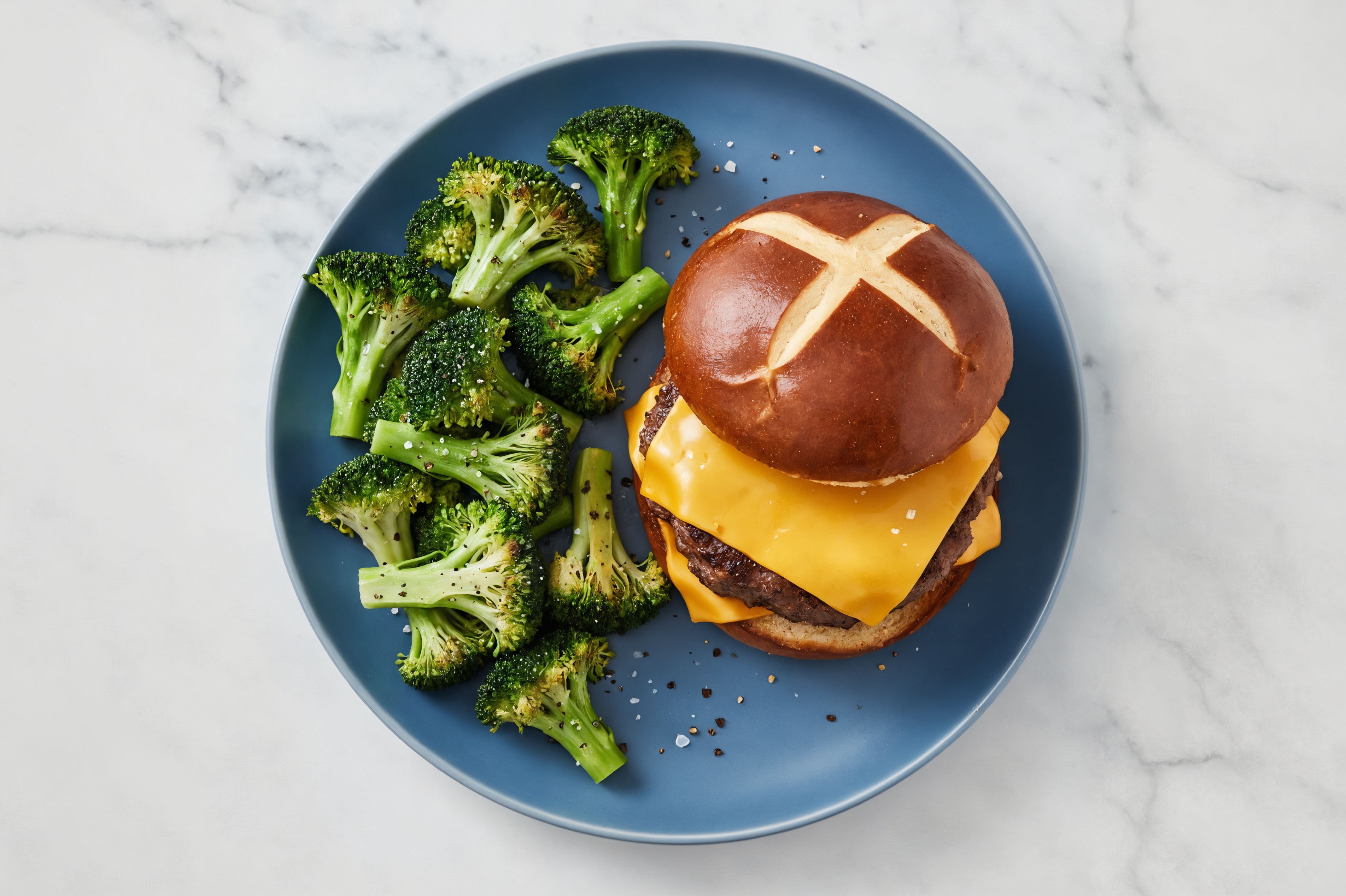 Classic Cheese Burger on Pretzel Bun with Ground Beef Patties