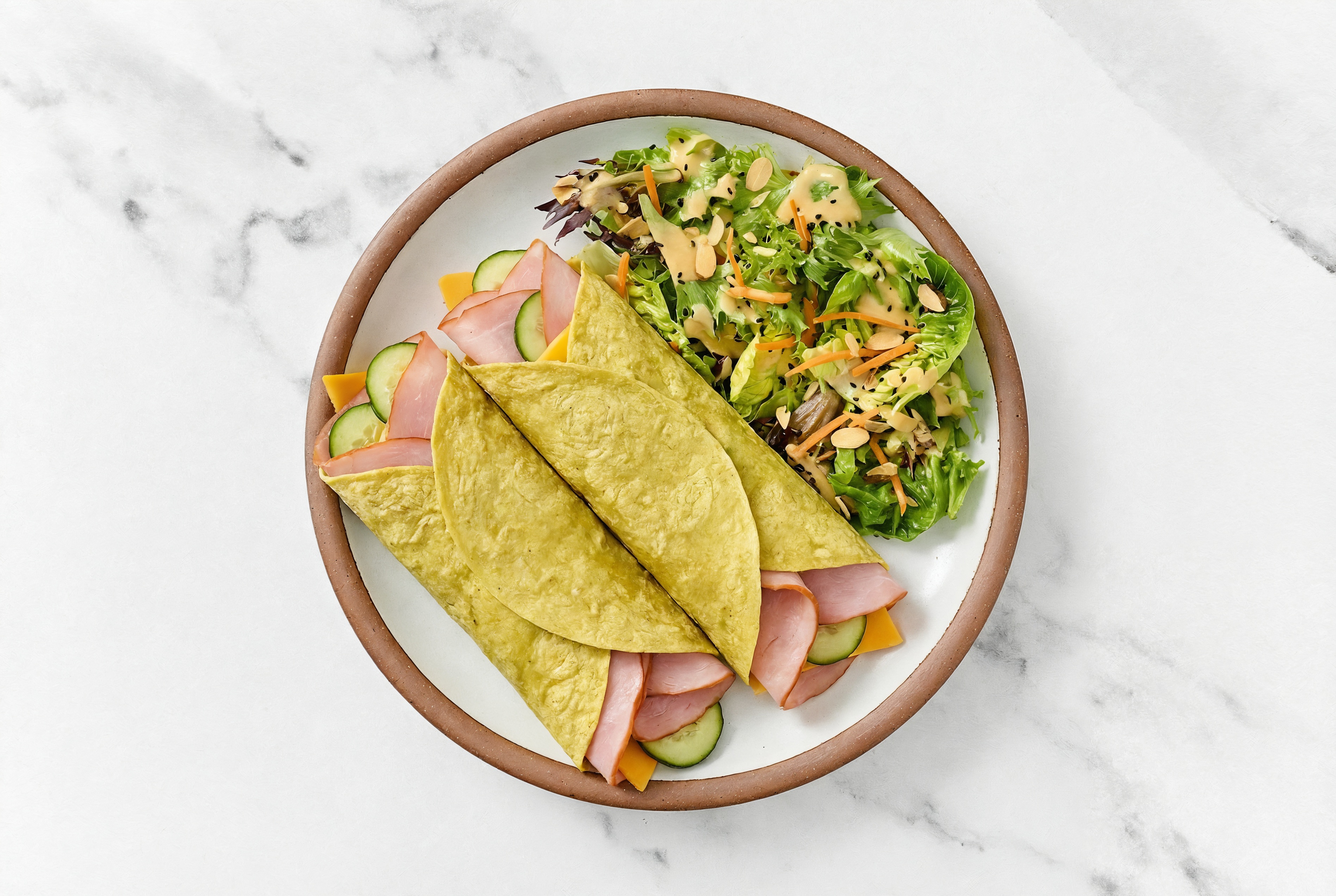 Ham, Cucumber + Cheese Wraps with Chopped Little Gem Salad with Spinach Tortilla