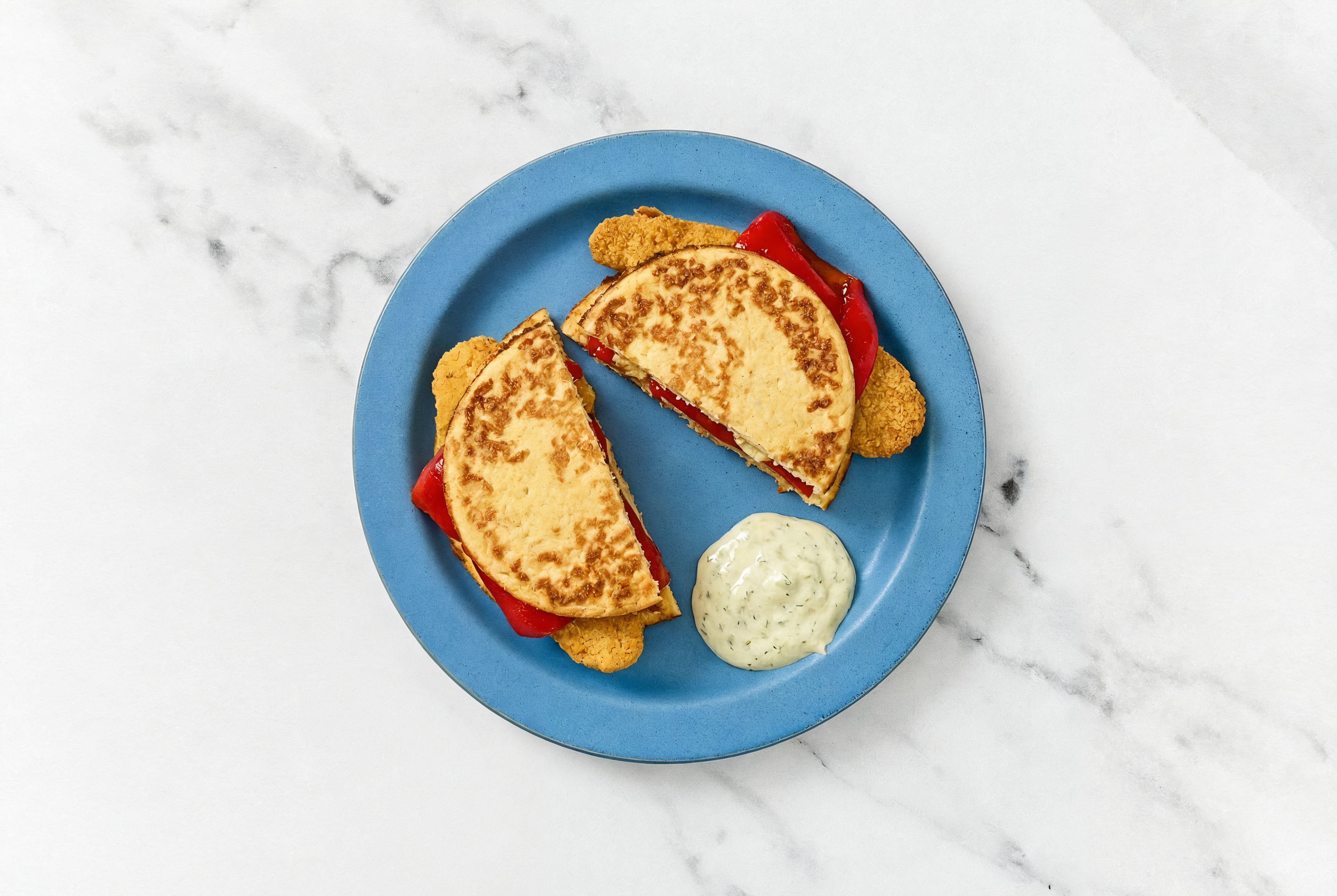Dill Pickle "Chicken" Tenders Sandwich with Roasted Peppers on Cauliflower Rounds