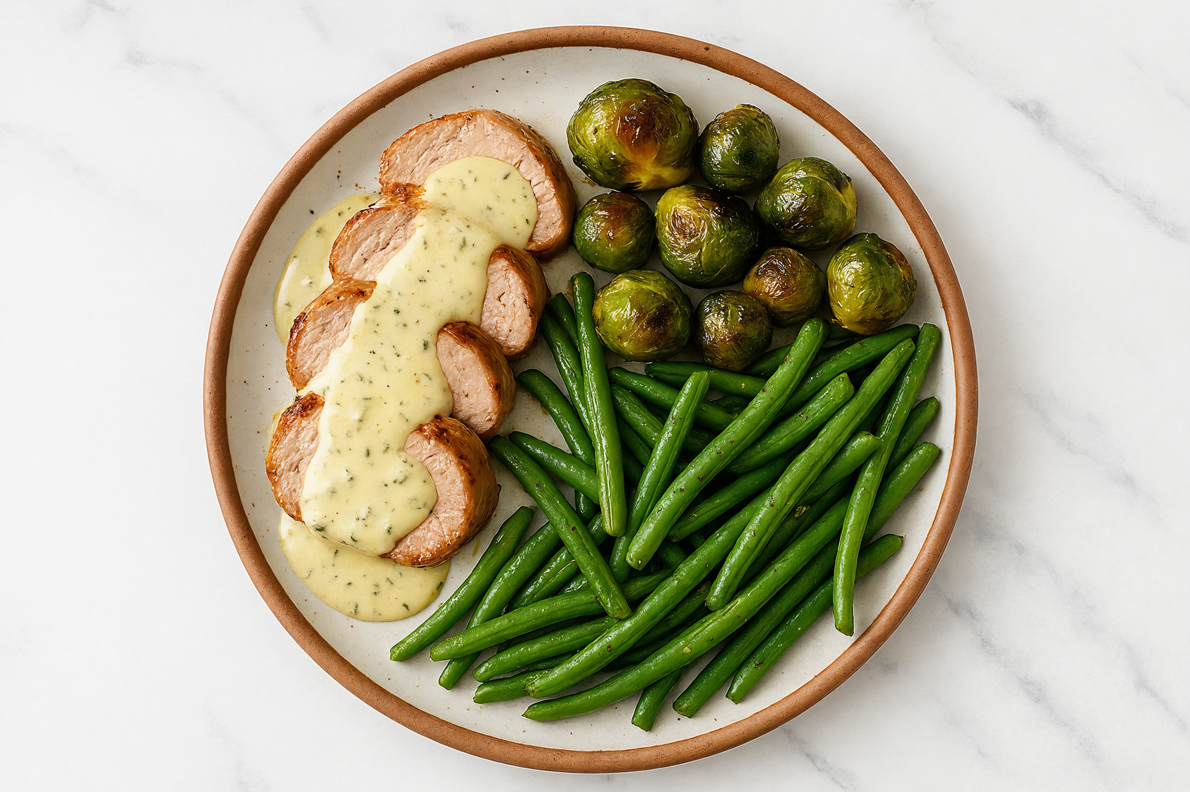 Creamy Herb Smothered Pork Tenderloin with Green Beans & Roasted Brussels