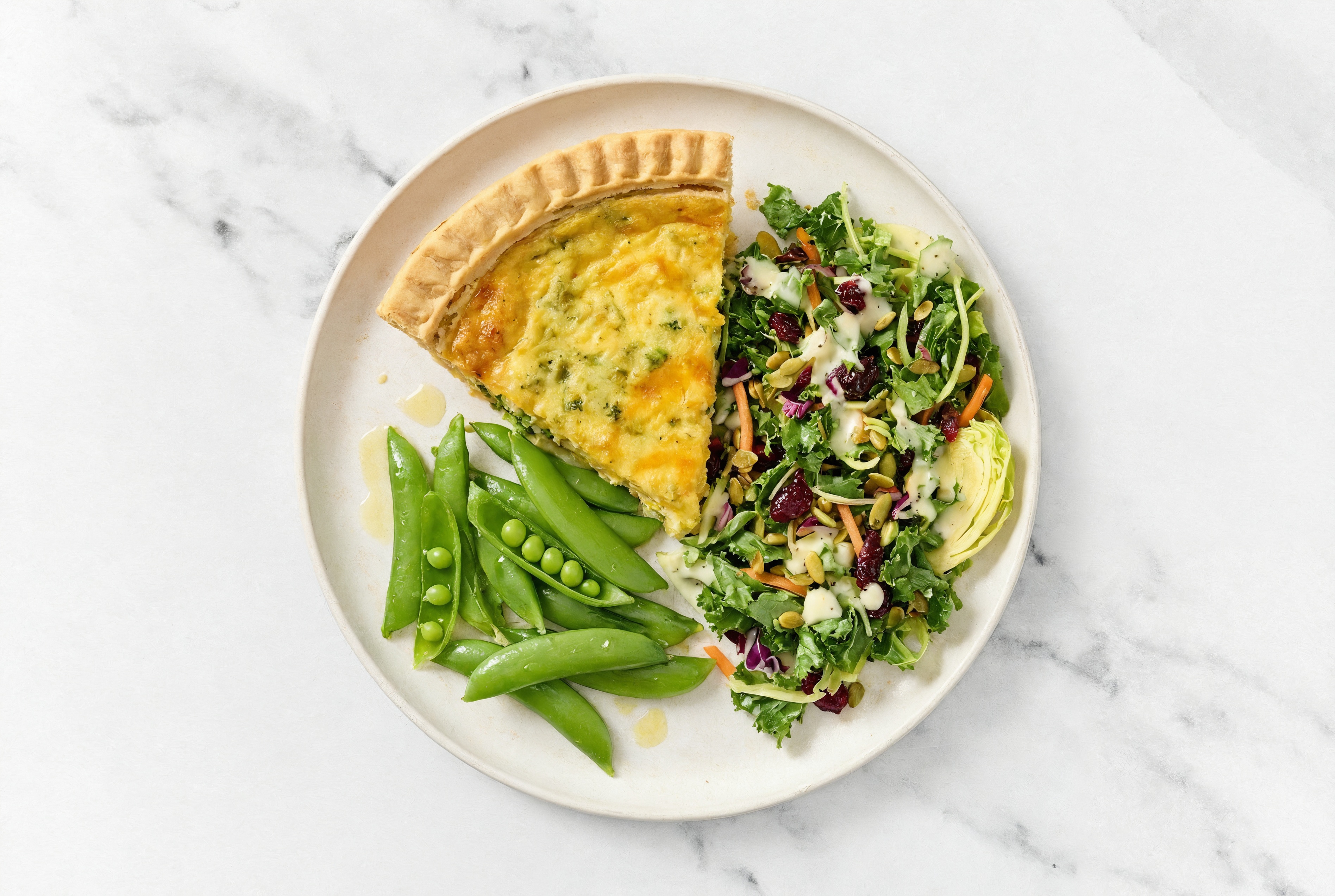 Broccoli & Cheddar Quiche with Snap Peas & Kale Salad