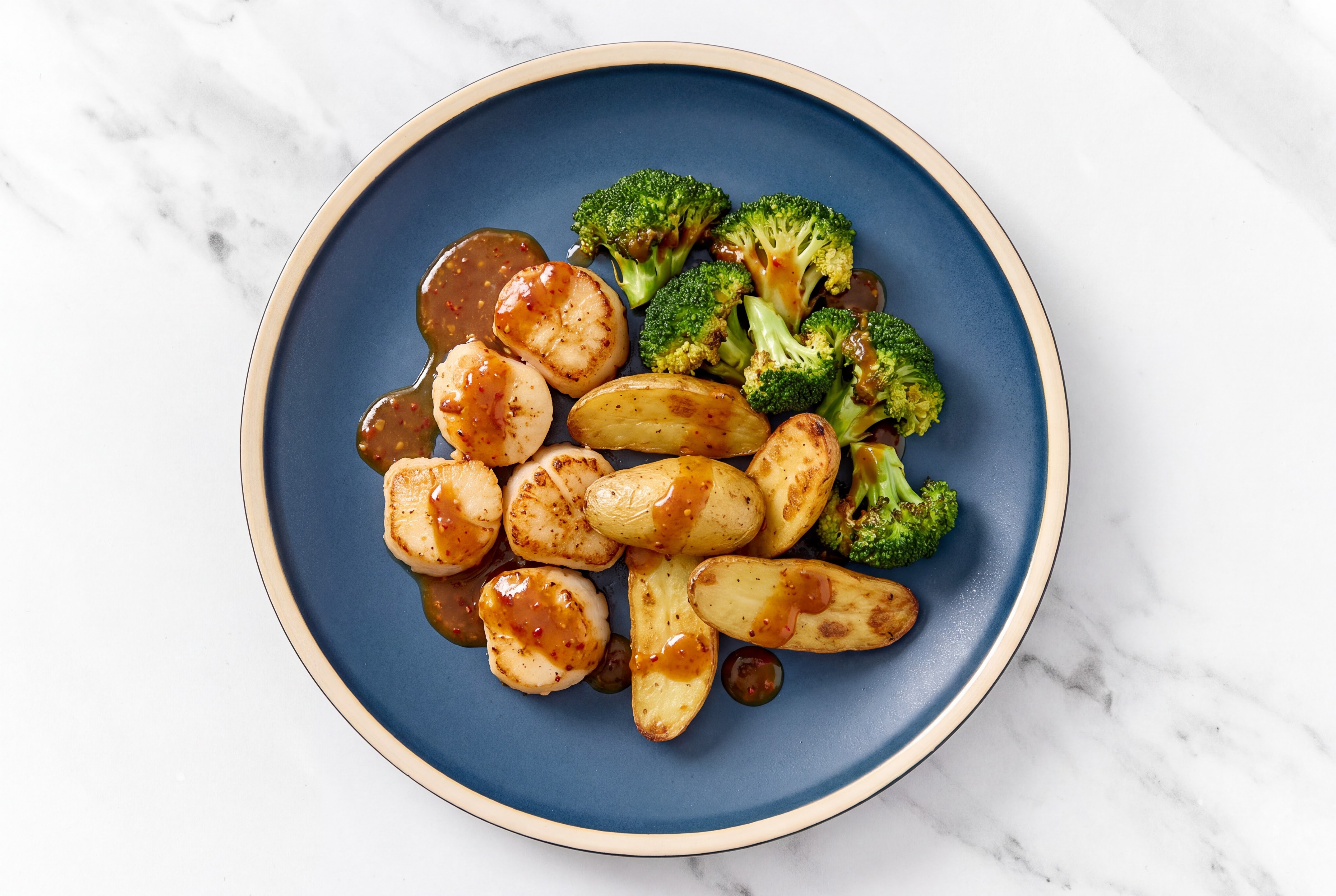 Sesame-Ginger Jumbo Scallops with Fingerling Potatoes & Organic Broccoli