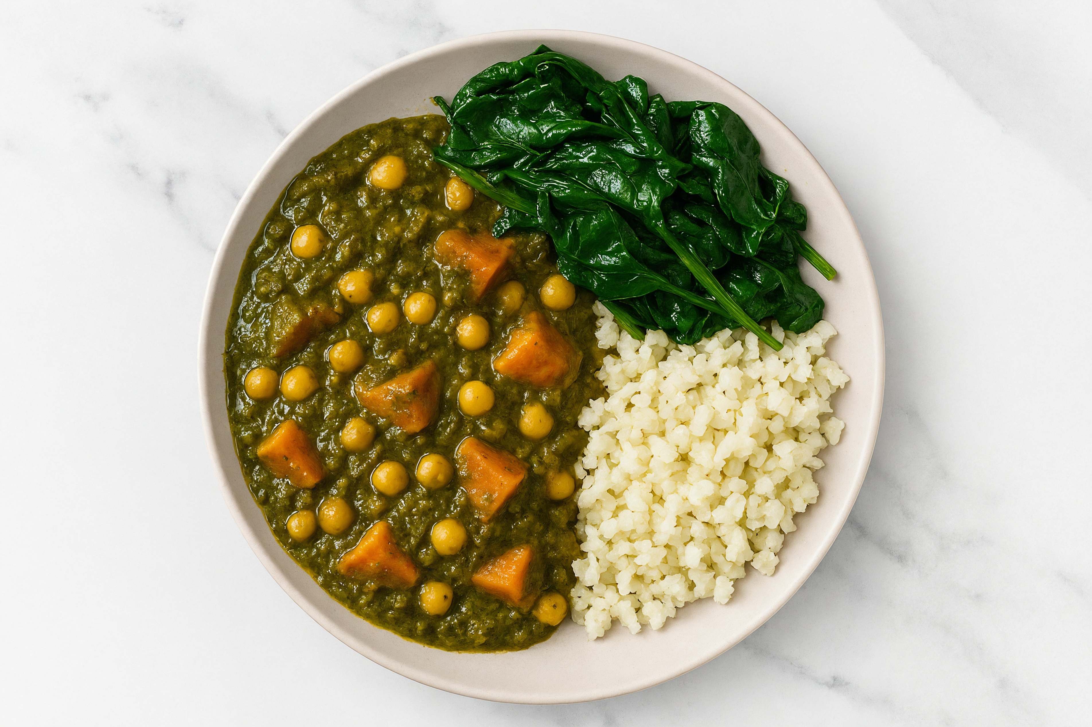 Sweet Potato Chickpea Saag with Spinach + Cauliflower Rice