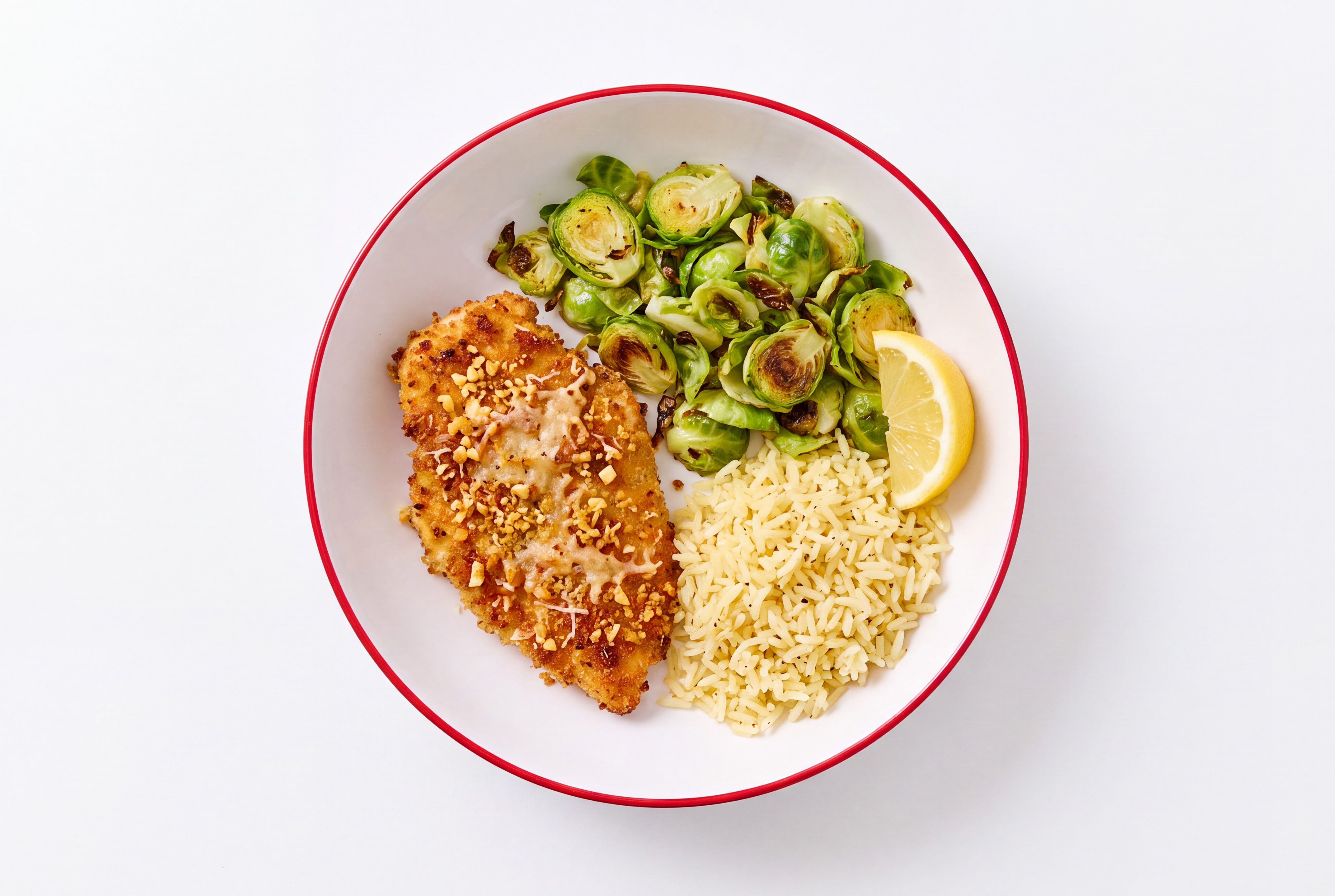 Lemon Parmesan Breaded Chicken Cutlet with Brussels Sprouts & Jasmine Rice