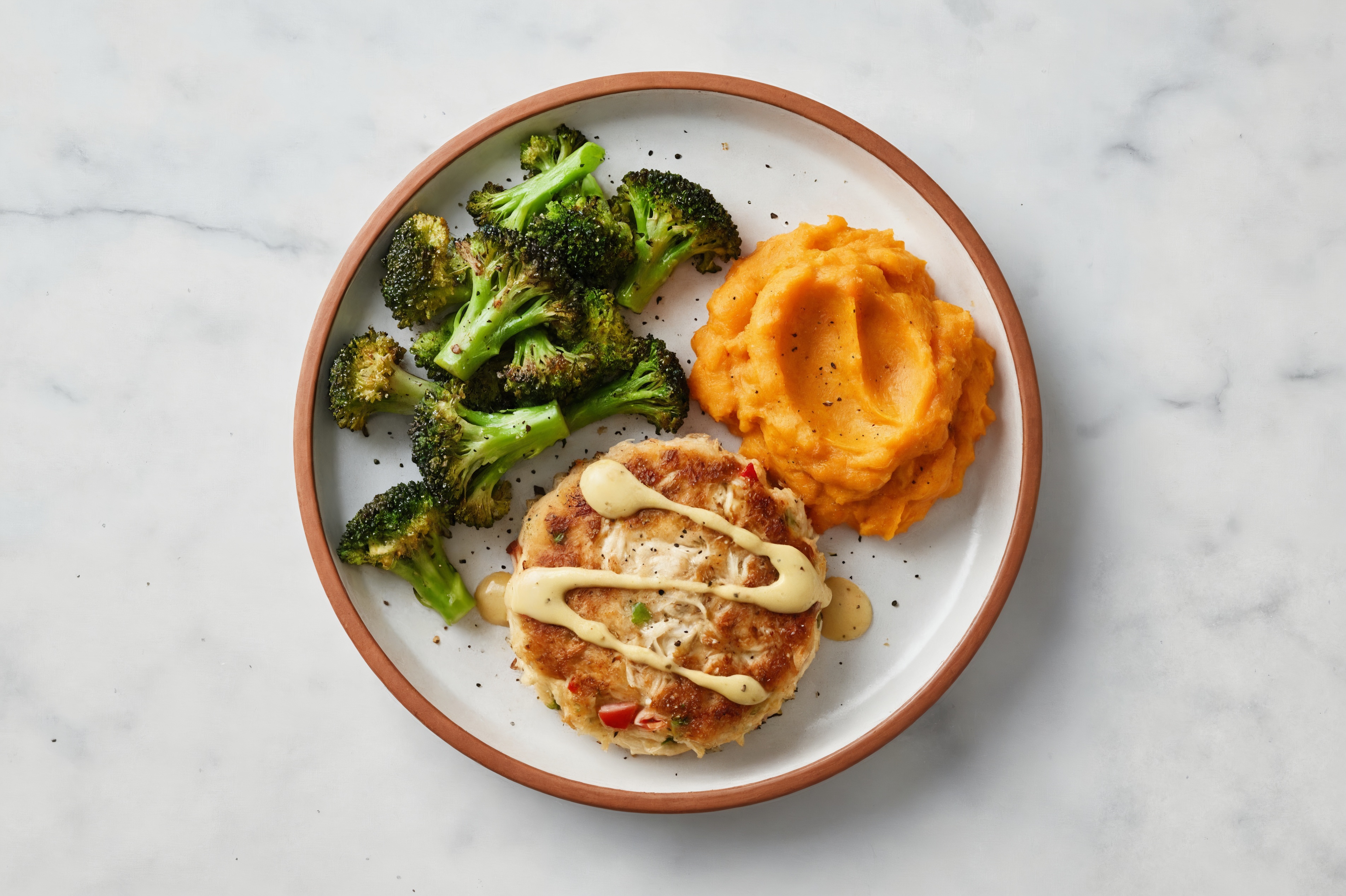 Honey Mustard Snow Crab Cakes with Sweet Potato Mash