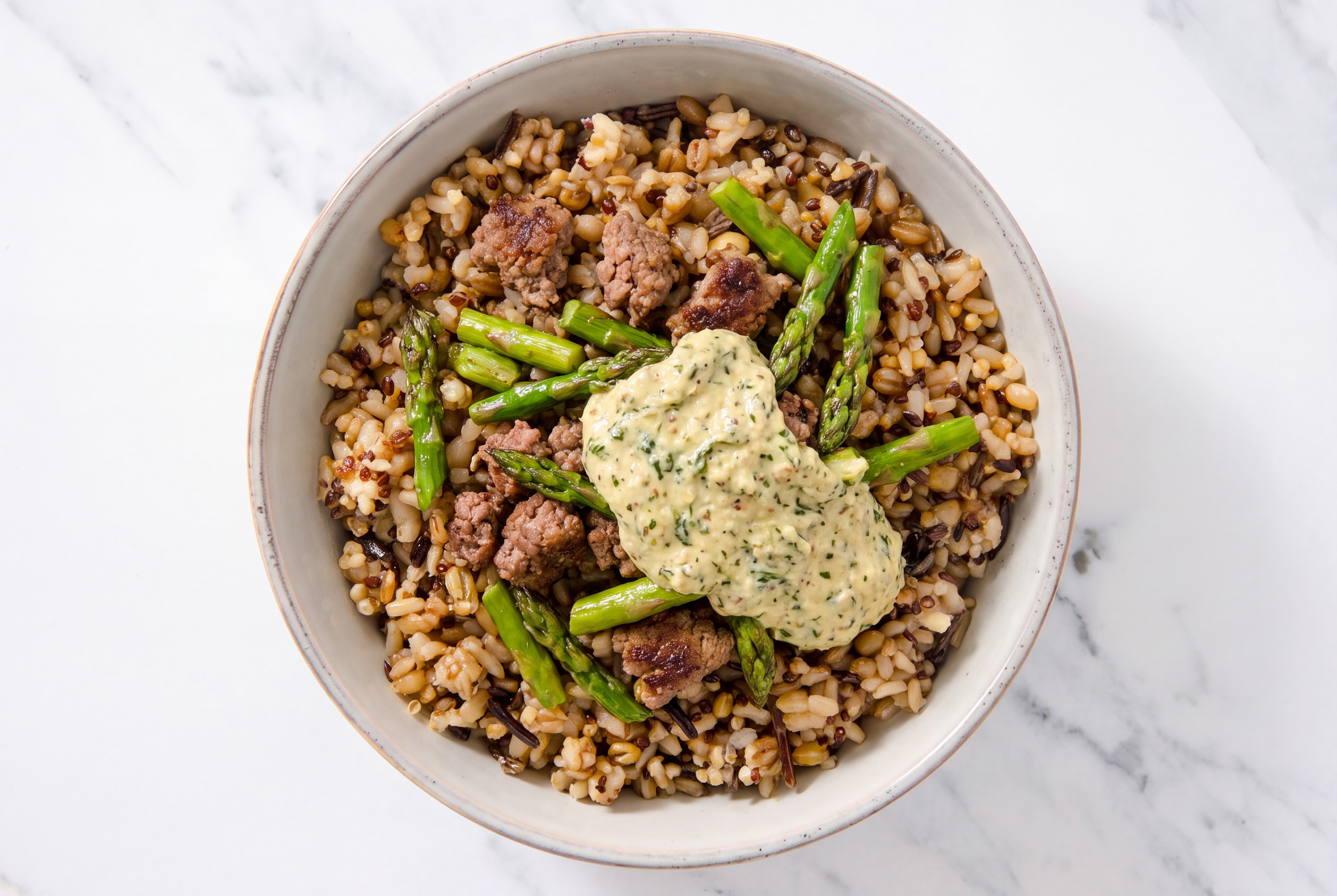 Ground 93/7 Lean Beef & Asparagus Grain Bowl with Spinach Artichoke