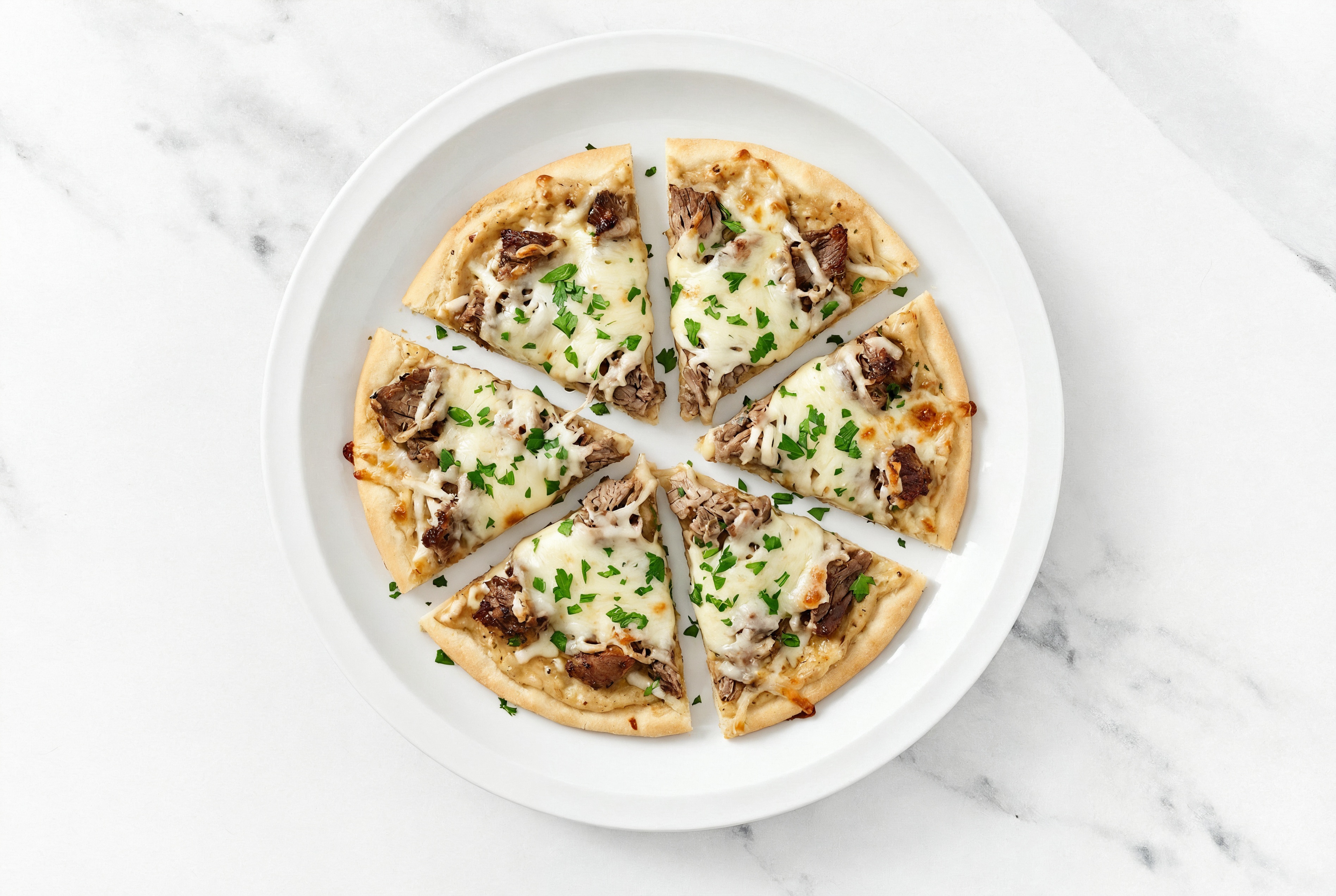Sweet Onion Shaved Steak Pizza with "Mozzarella" + Fresh Parsley