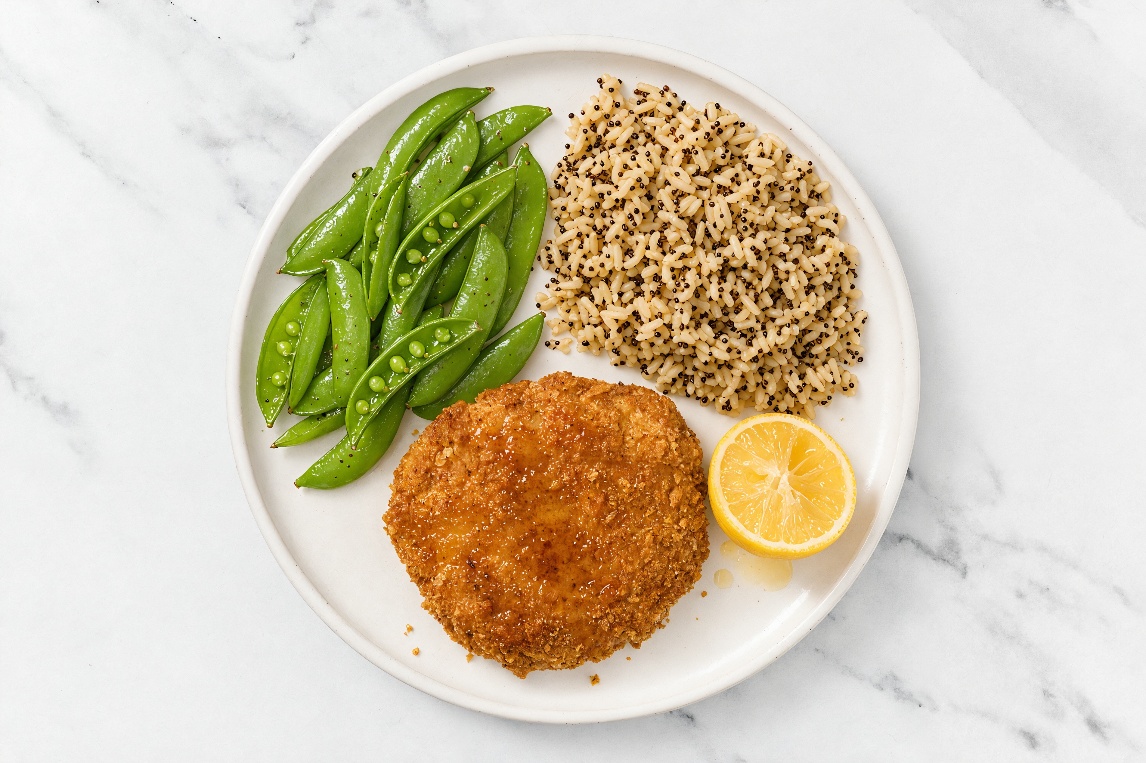 Lemon Hot Honey Breaded Chicken Cutlet with Snap Peas & Brown Rice
