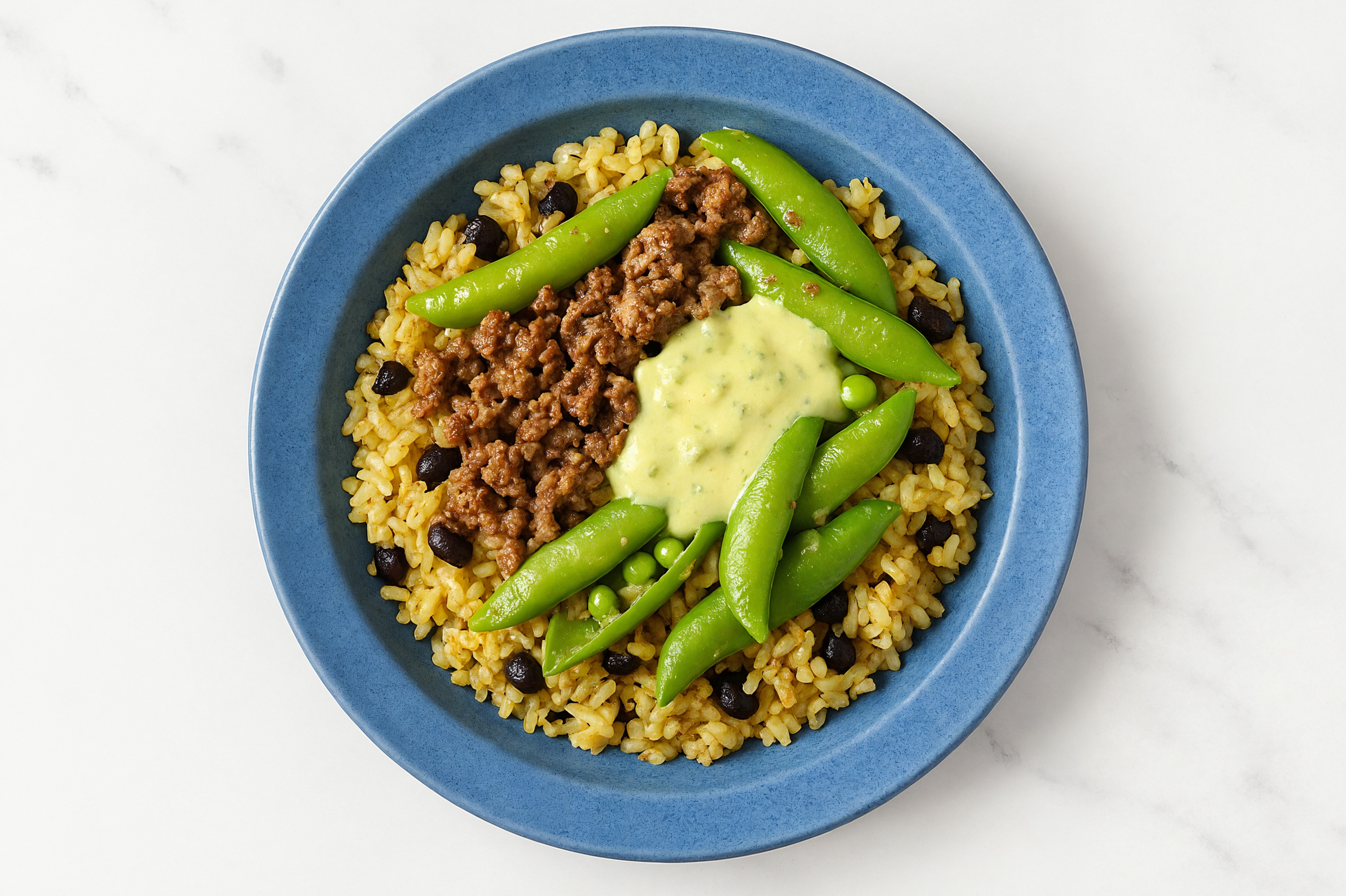 Creamy Herb Ground Lamb + Seasoned Rice Bowl with Snap Peas