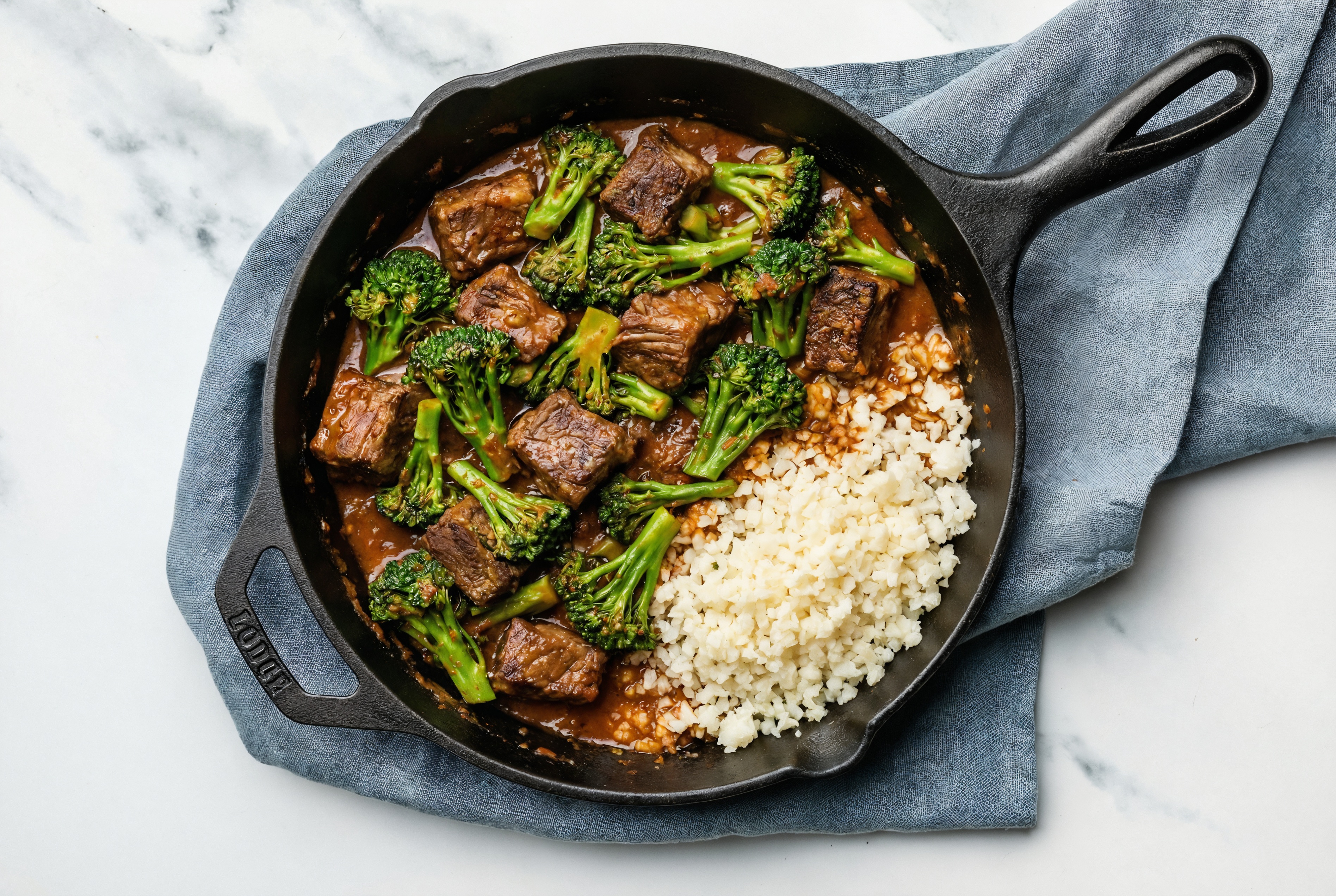 Spicy Vindaloo Short Rib Stir-Fry with Baby Broccoli over Riced Cauliflower