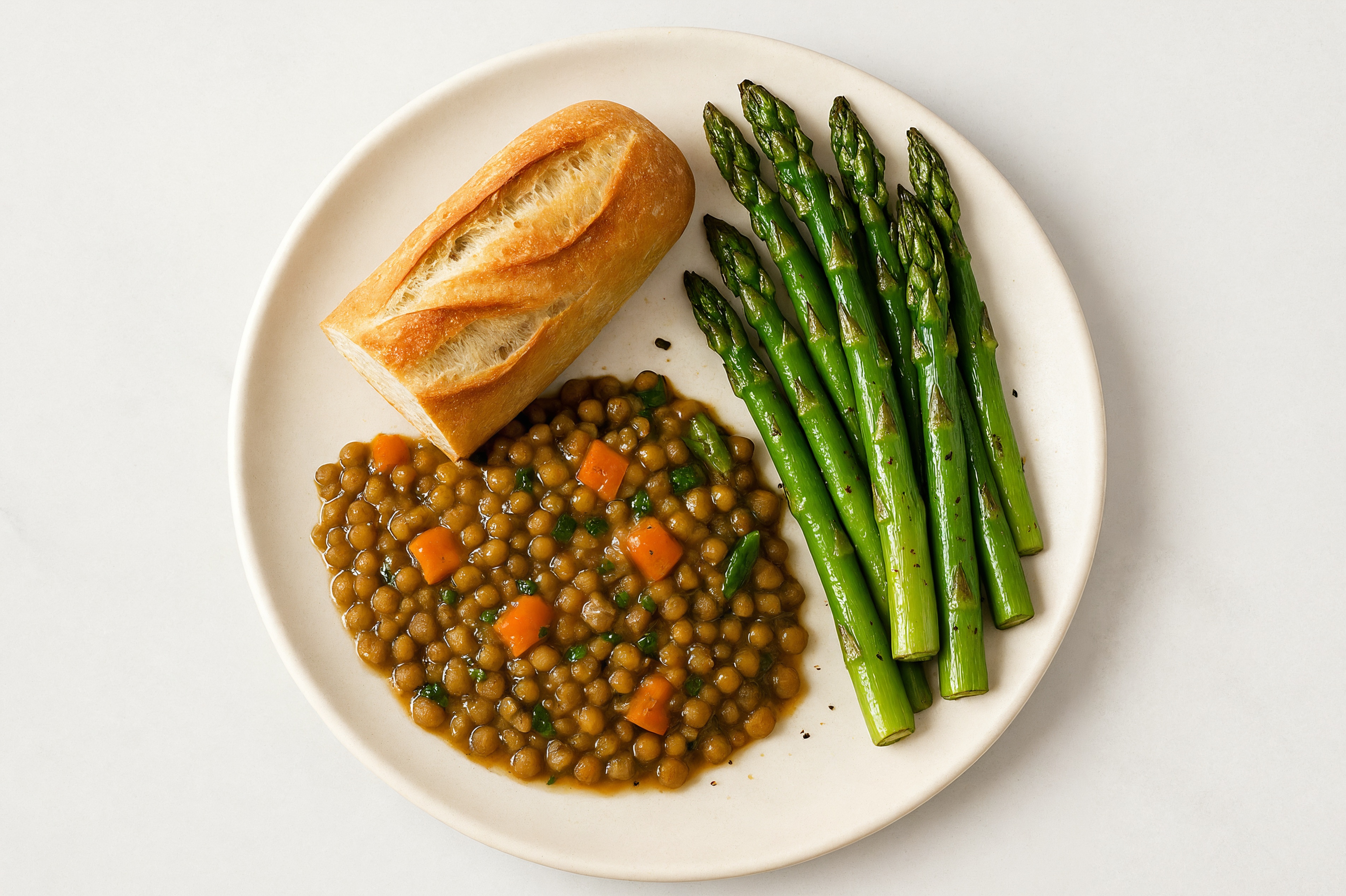 French Mirepoix Lentils with Asparagus + Baguette