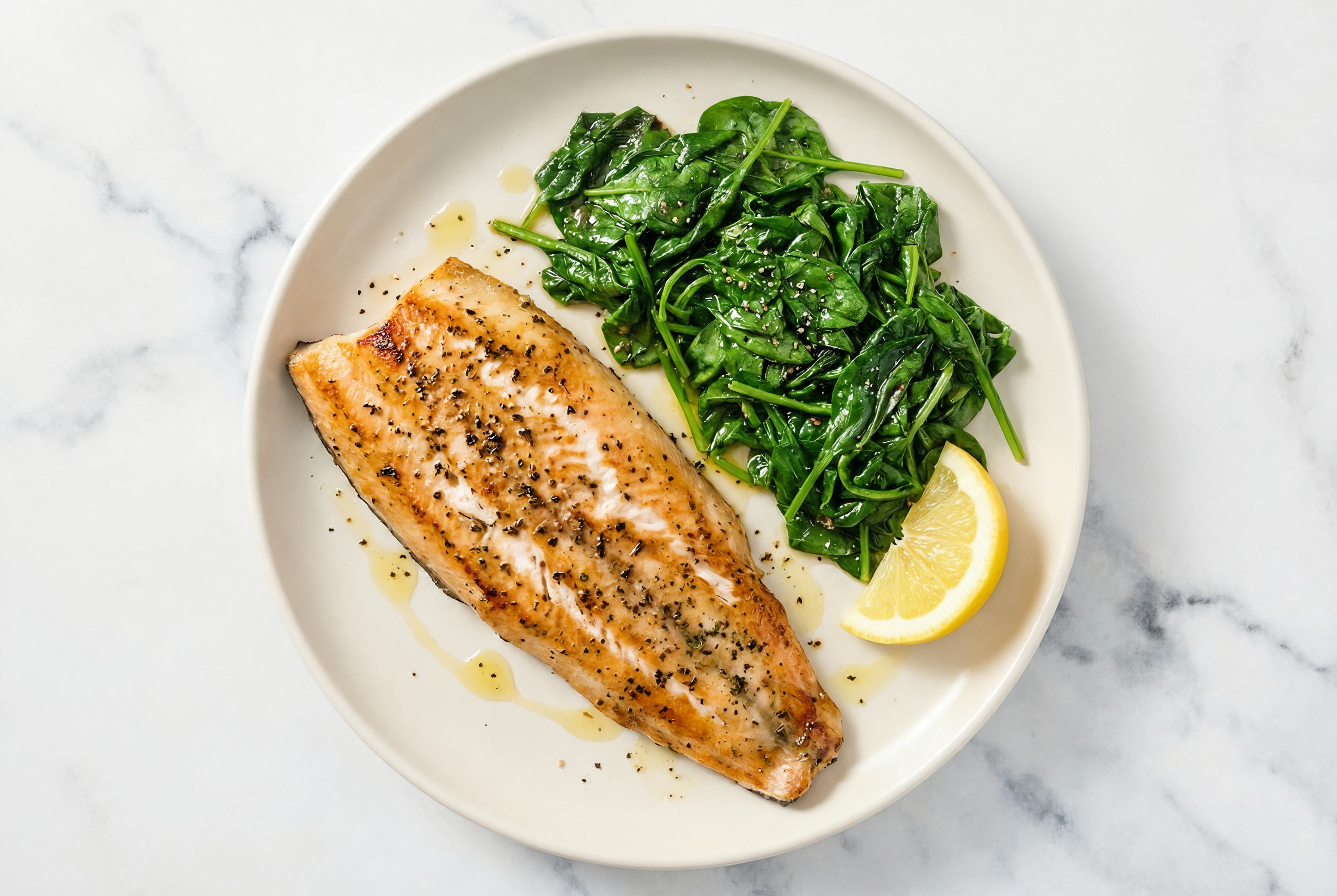 Garlic Herb Crusted Trout + Lemony Sautéed Baby Spinach