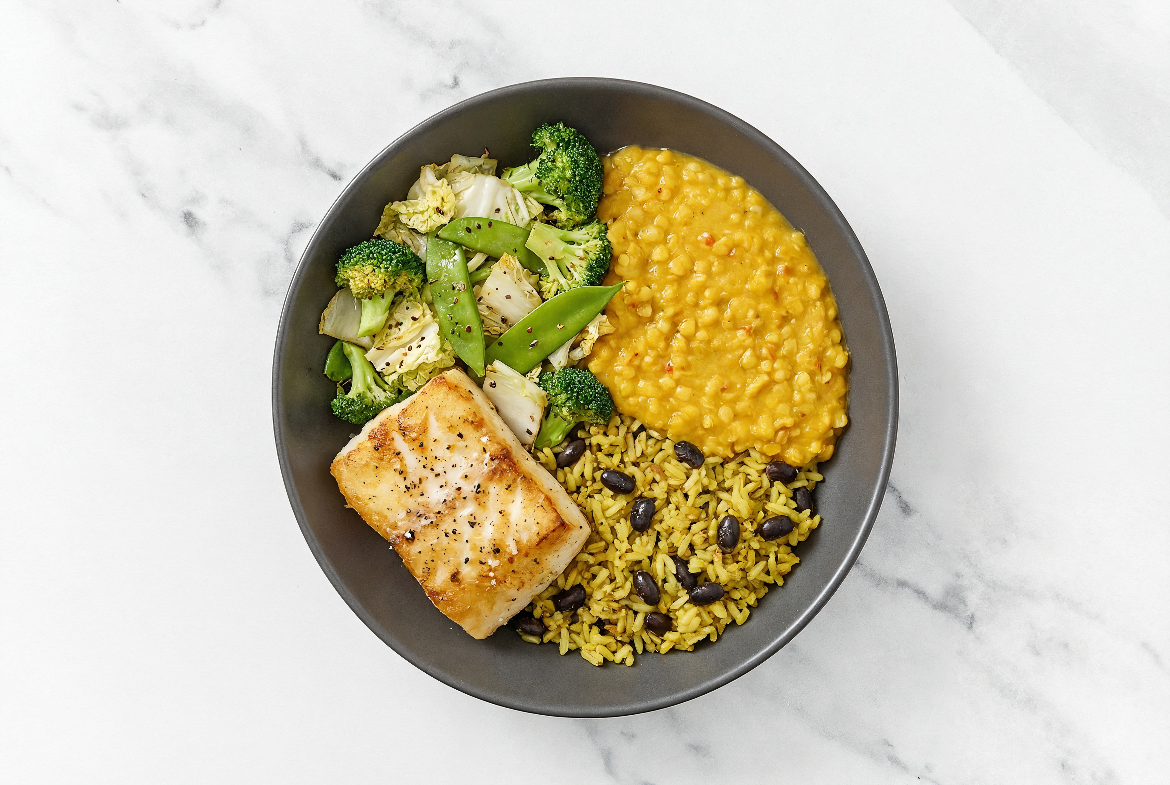 Seared Halibut + Bok Choy Red Lentil Bowl with Seasoned White Rice + Black Beans