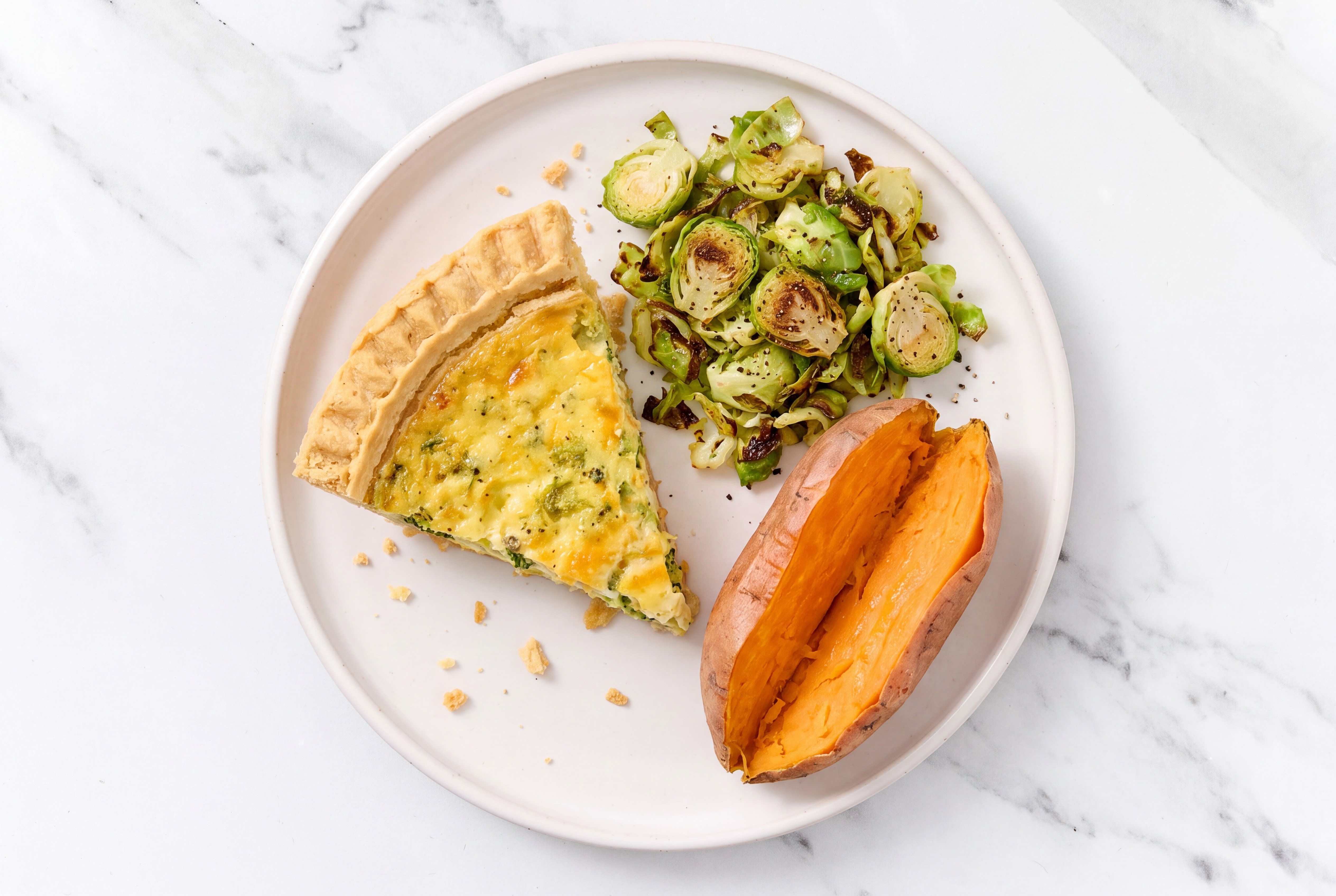 Broccoli & Cheddar Quiche with Brussels & Sweet Potato