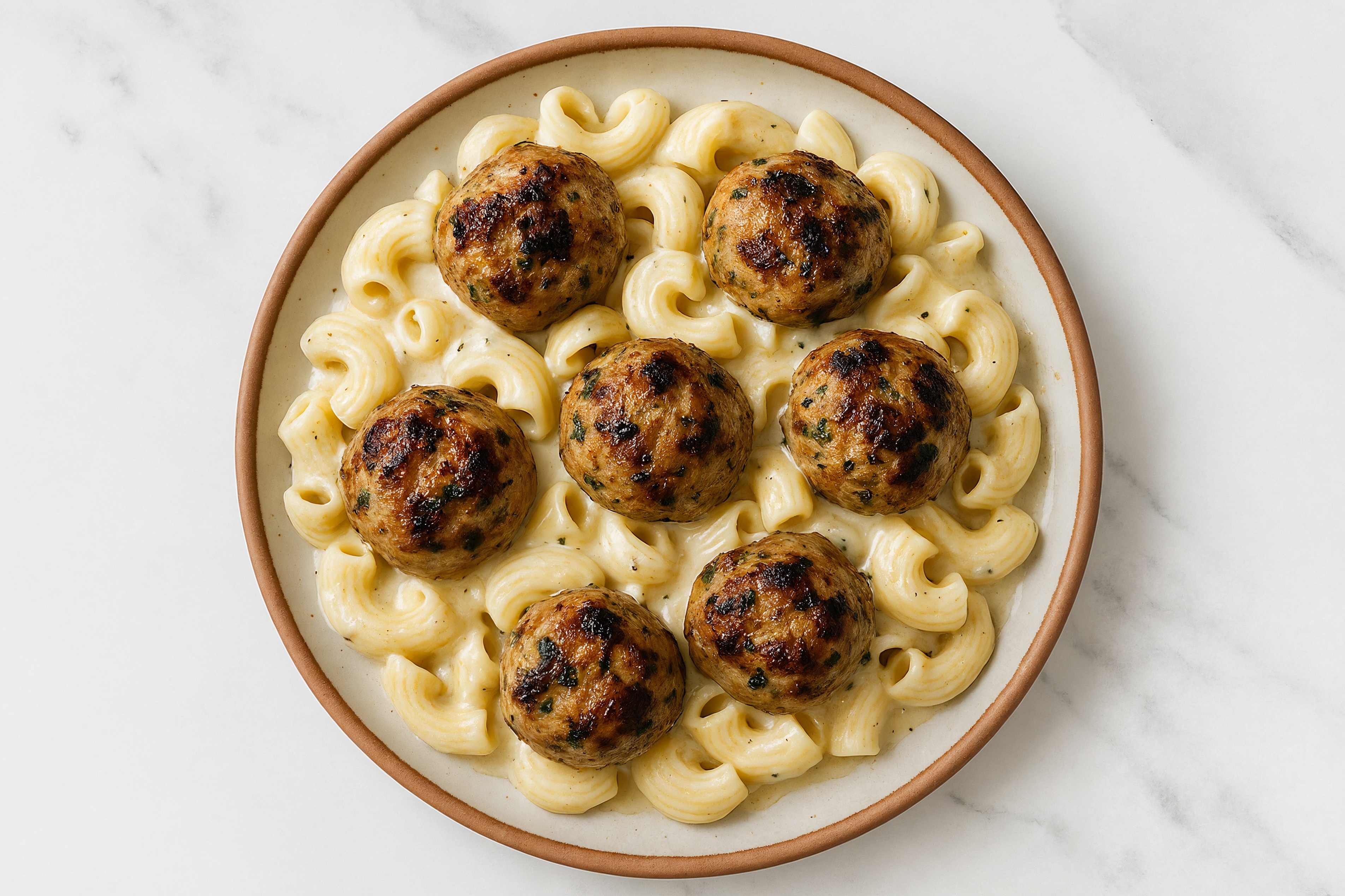 Alfredo Chiocciole Pasta with Cooked + Seasoned Turkey Meatballs