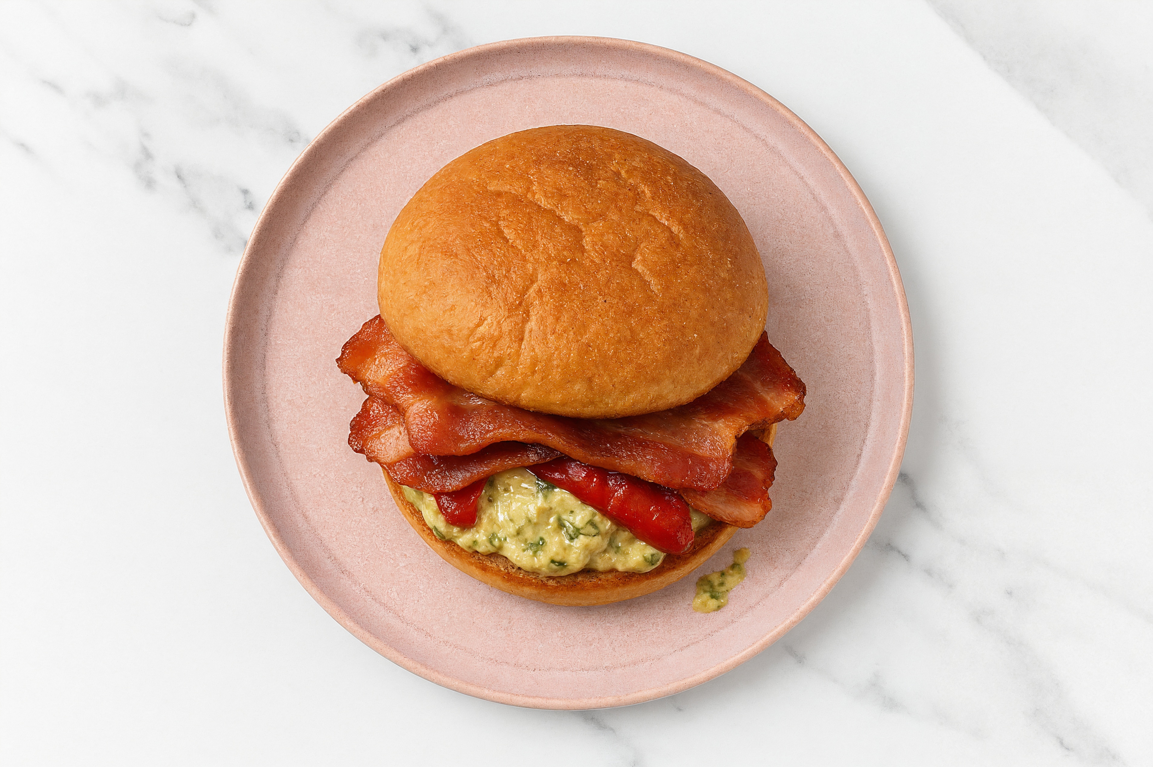 Creamy Artichoke Applewood Smoked Pork Bacon Sandwich with Roasted Peppers on Gluten-Free Buns