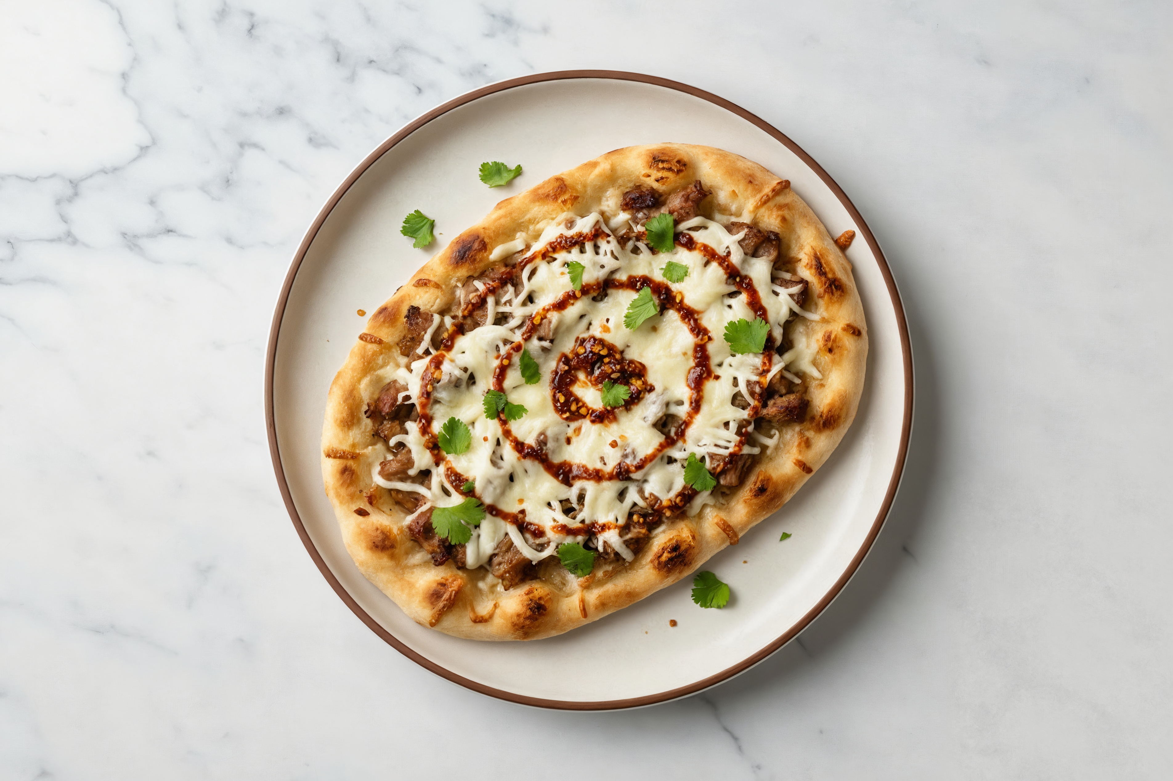 Chili Crisp Pork + Mozzarella with Cilantro Pizza with Traditional Naan