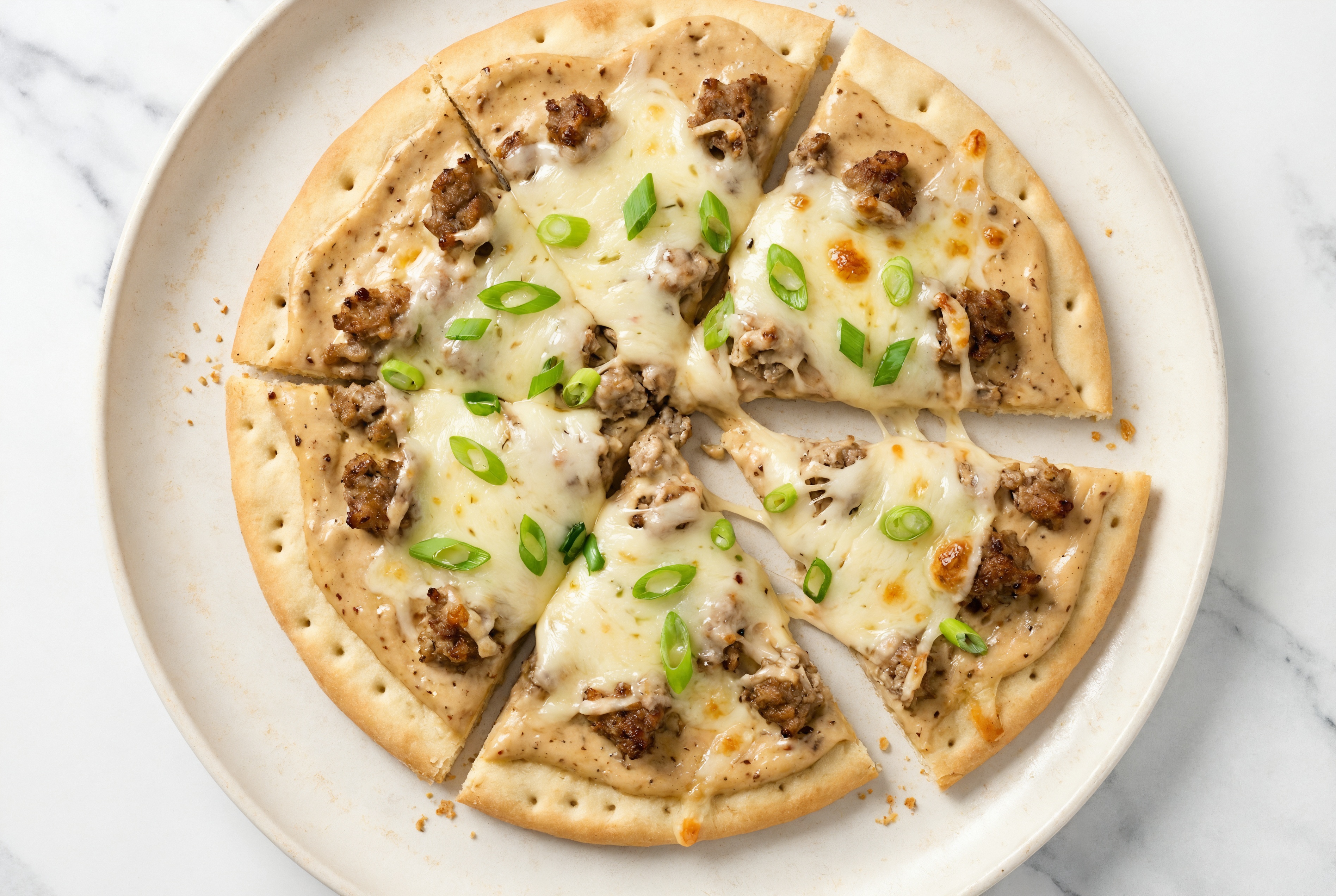 Sweet Onion Spicy Turkey Gluten Free Pizza with Mild Havarti + Fresh Scallions