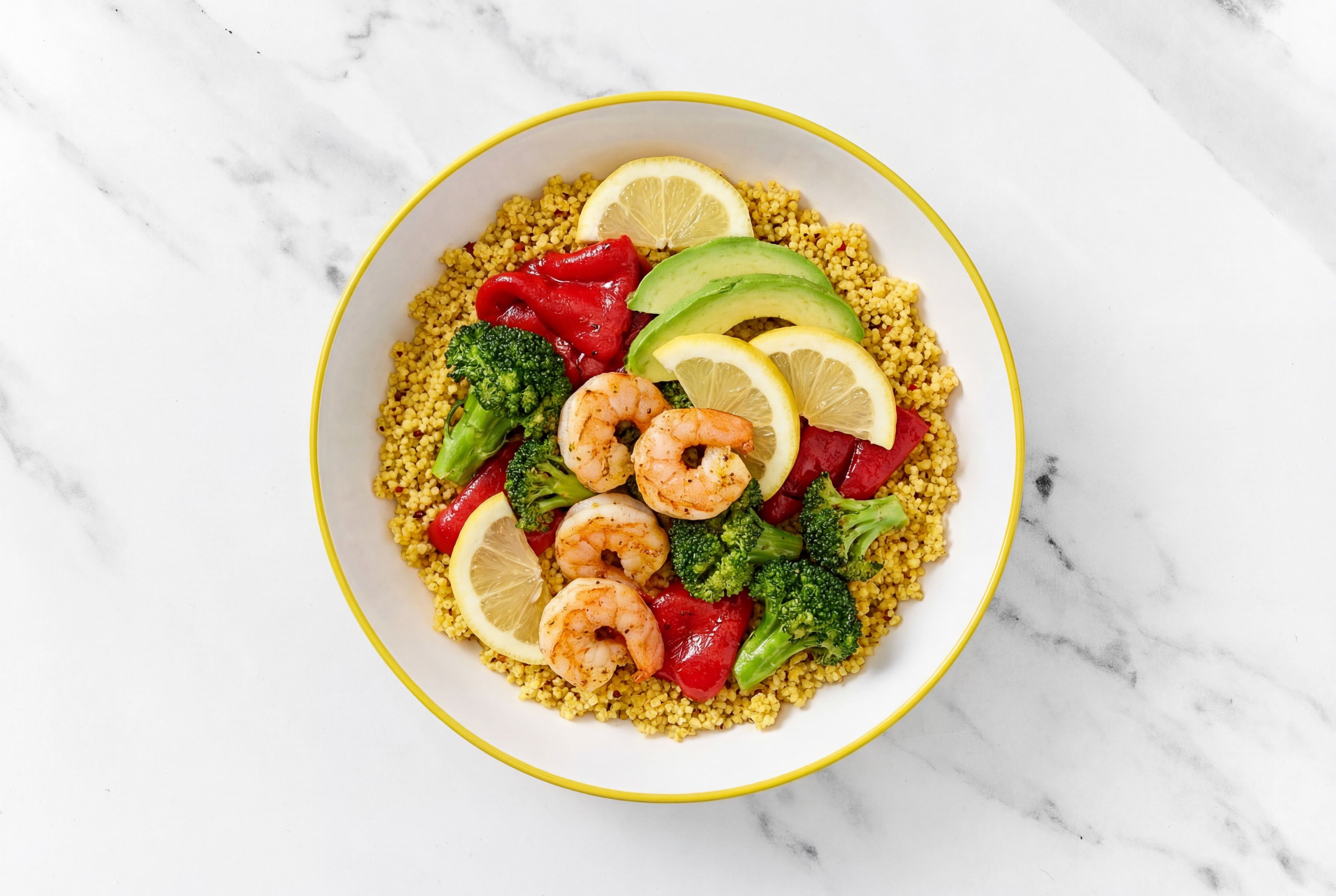 Mediterranean Shrimp + Couscous Bowl with Broccoli Bunches