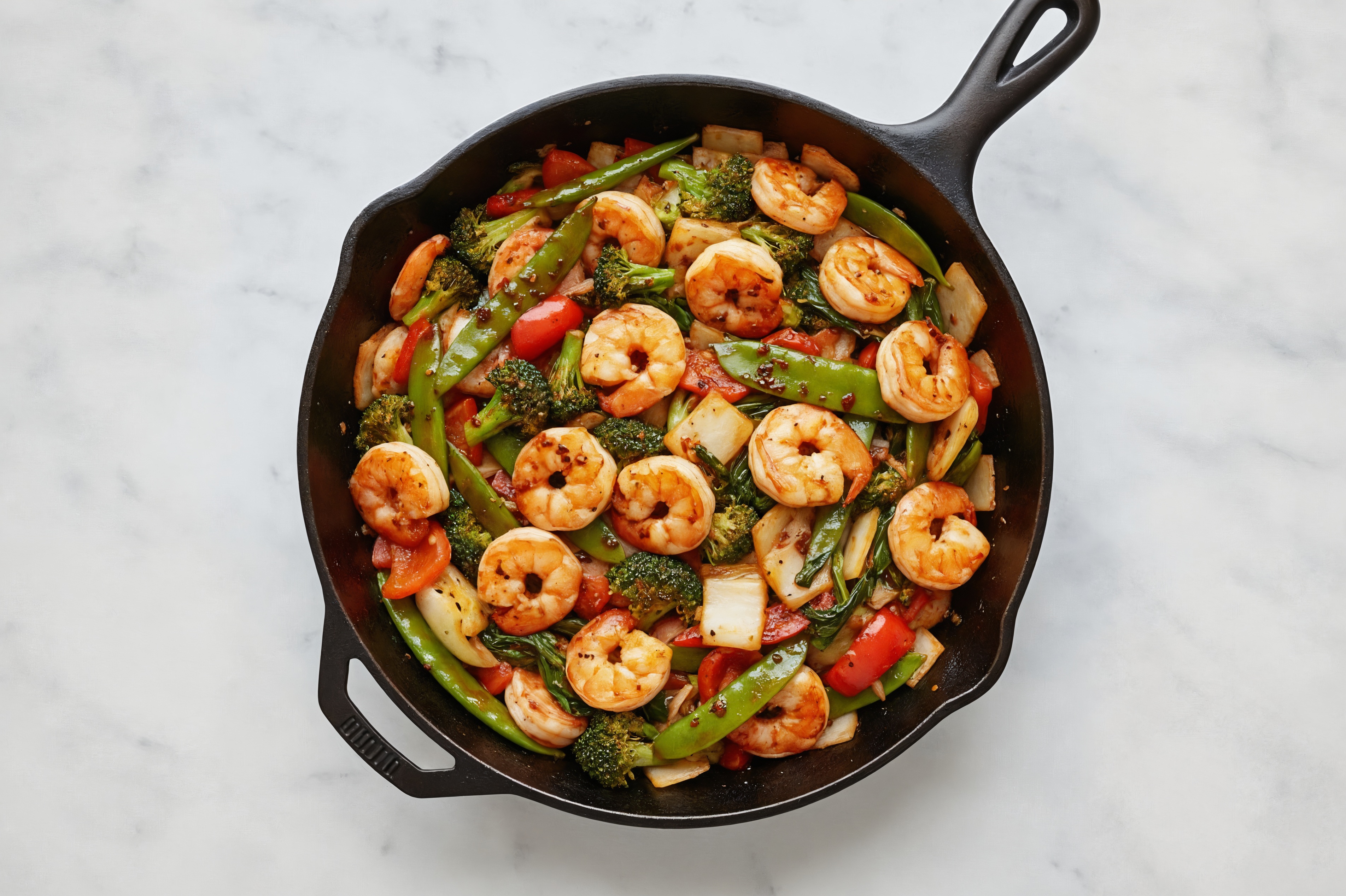 Chili Crisp Shrimp with Bok Choy Mix + Bell Organic Pepper over Long Grain White Rice