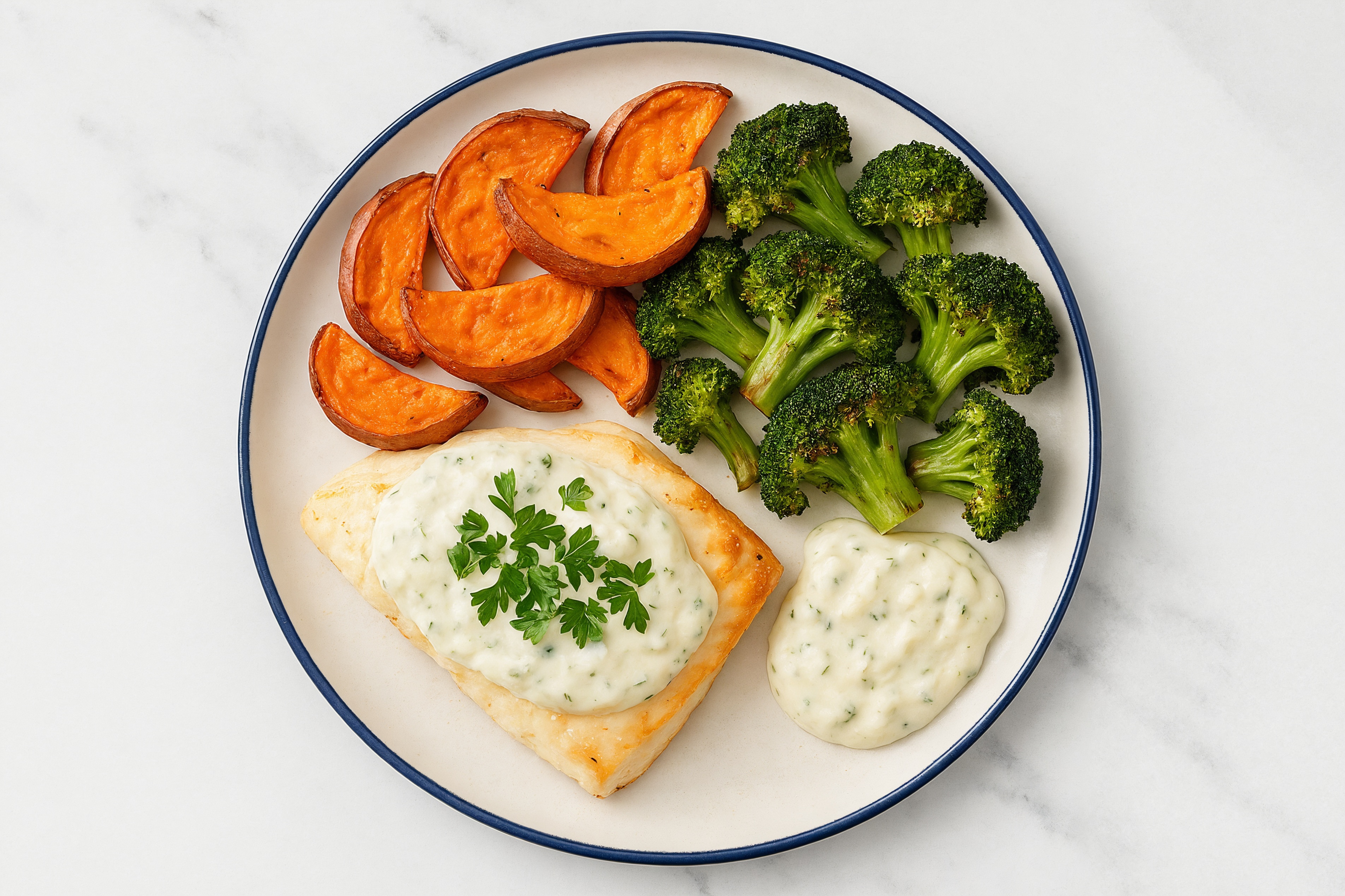 Garden Sheet-Pan Halibut + Veggies with Tzatziki with Broccoli Florets