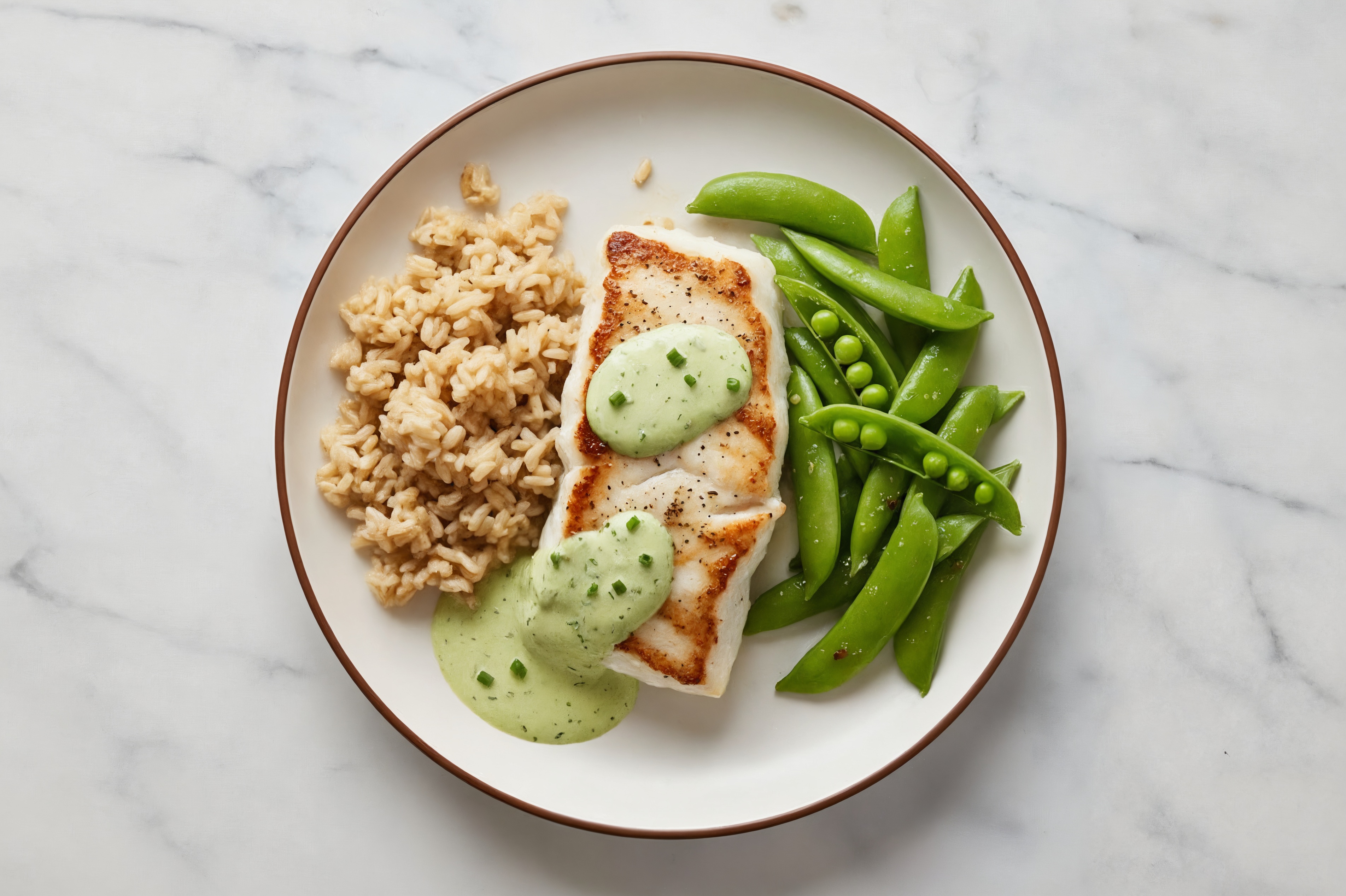 Green Goddess Halibut with Brown Rice + Snap Peas