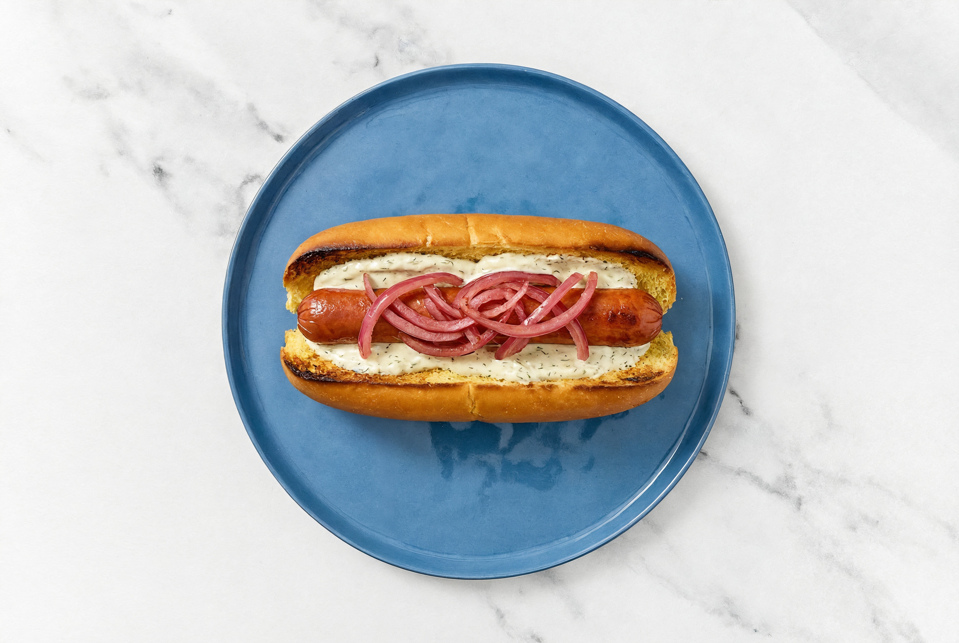 Pickled Red Onion Beef Hot Dog with Garlic Sauce on Brioche