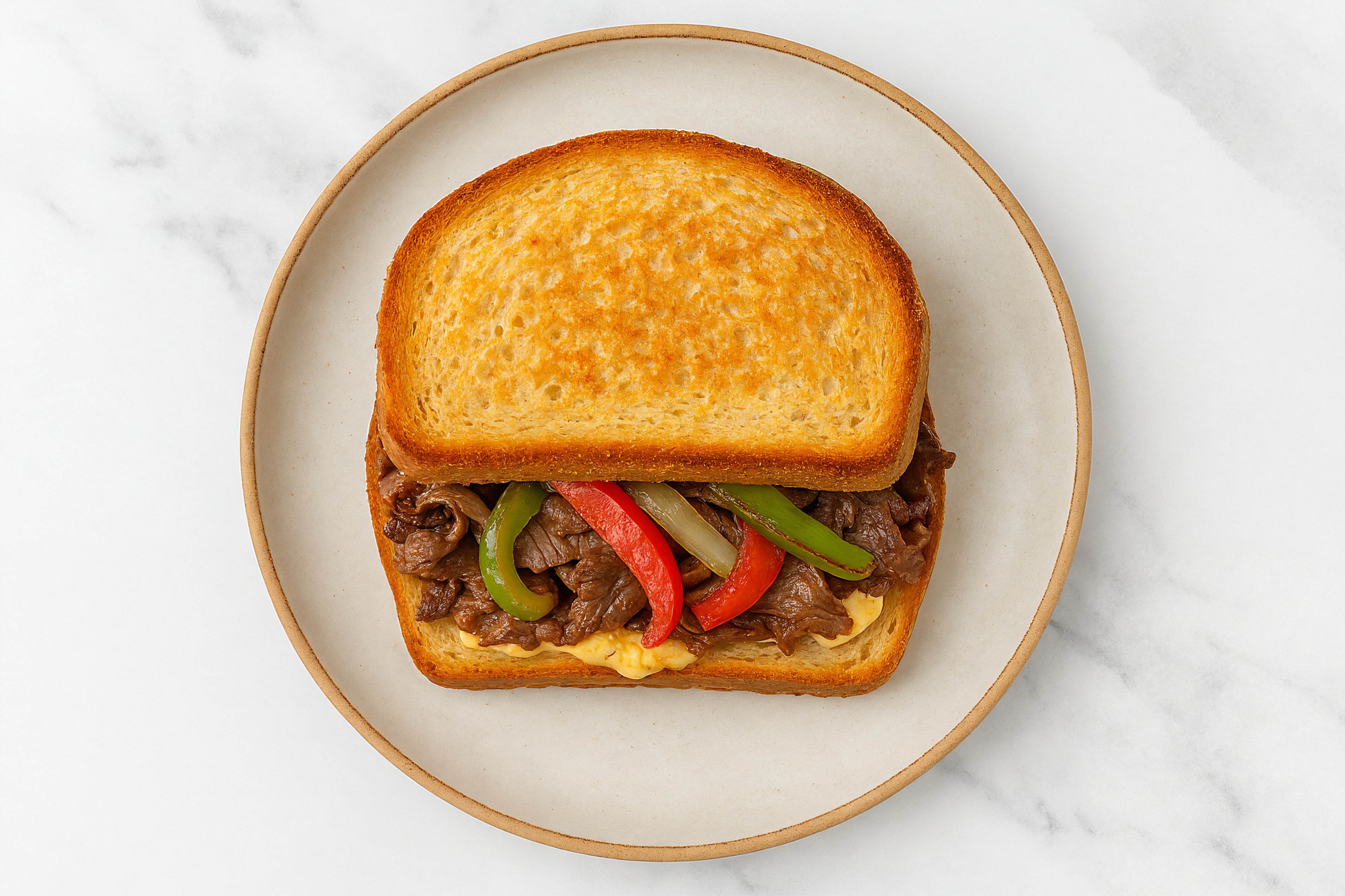 Street Corn Beef Steak Sandwich with Peppers + Onion on Honey White Bread