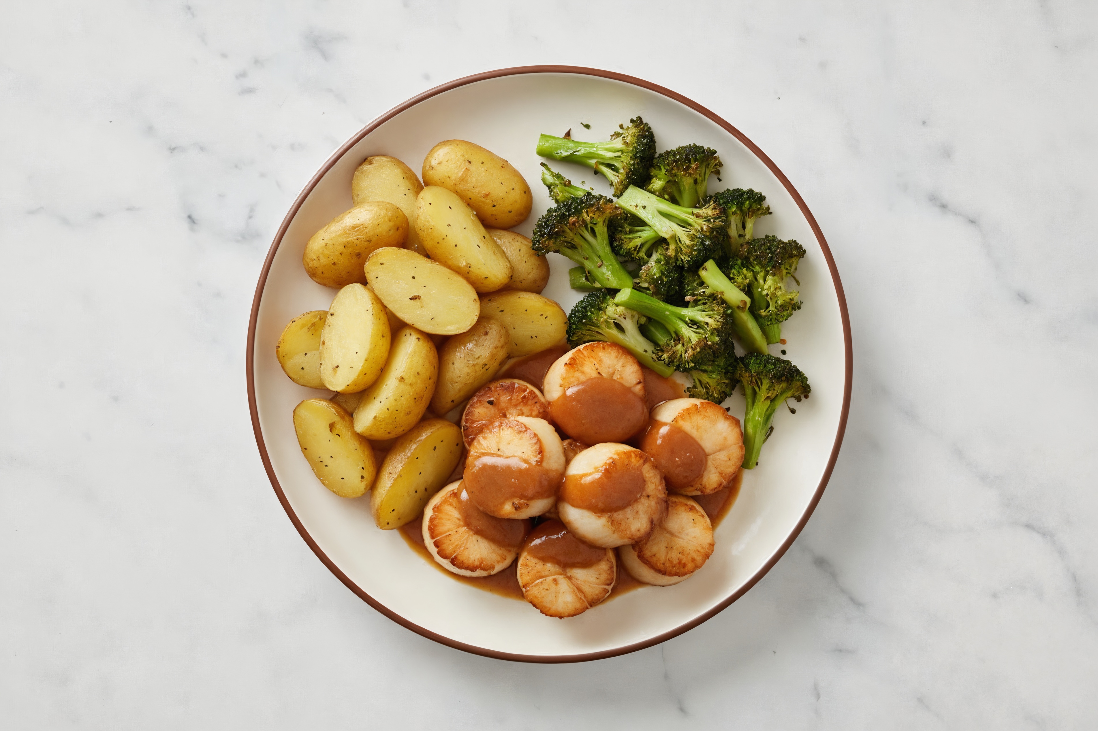 Sesame-Ginger Scallops with Fingerling Potatoes & Broccoli