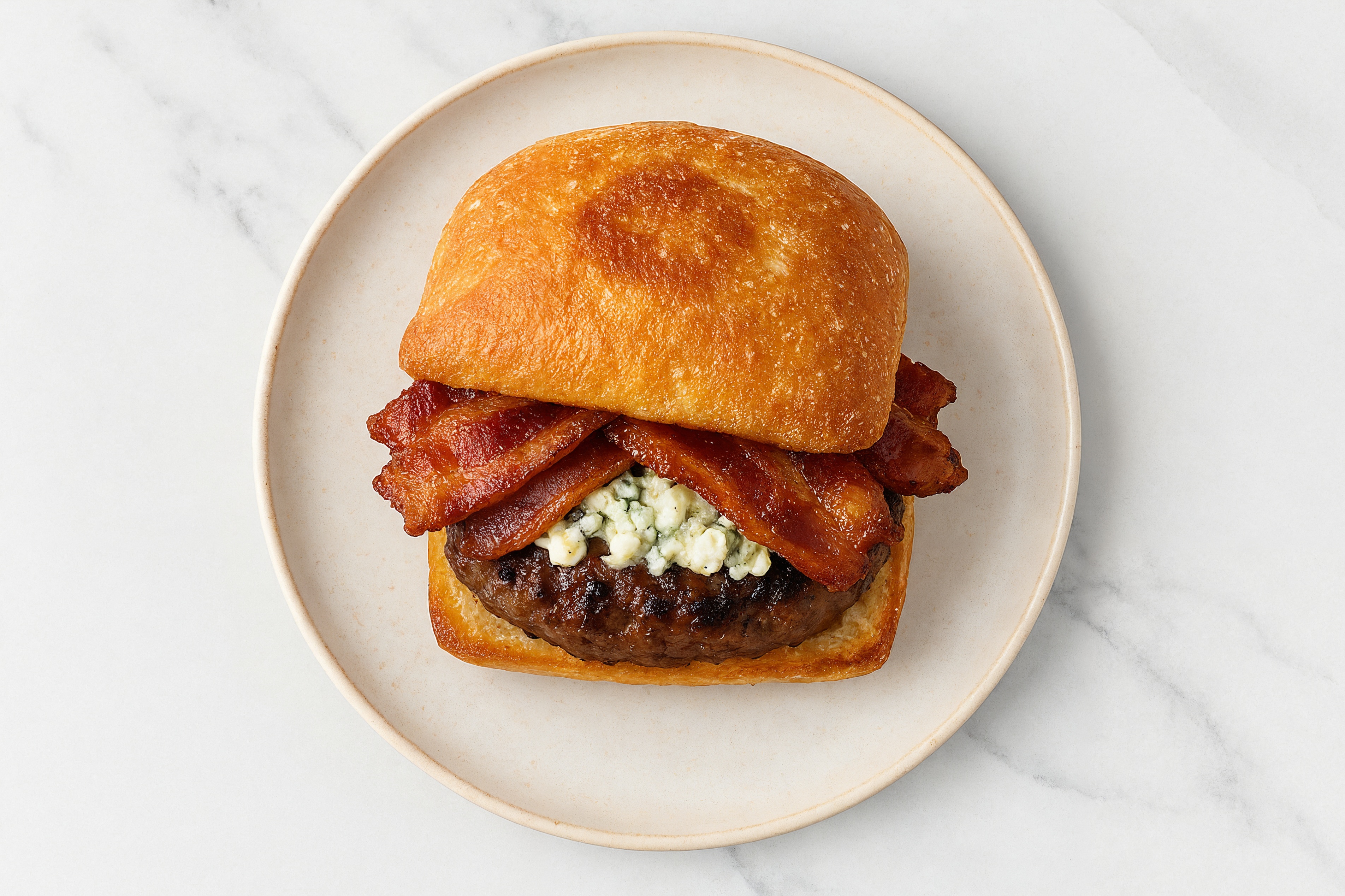 Blue Cheese + Applewood Smoked Pork Bacon Cheeseburger on Ciabatta