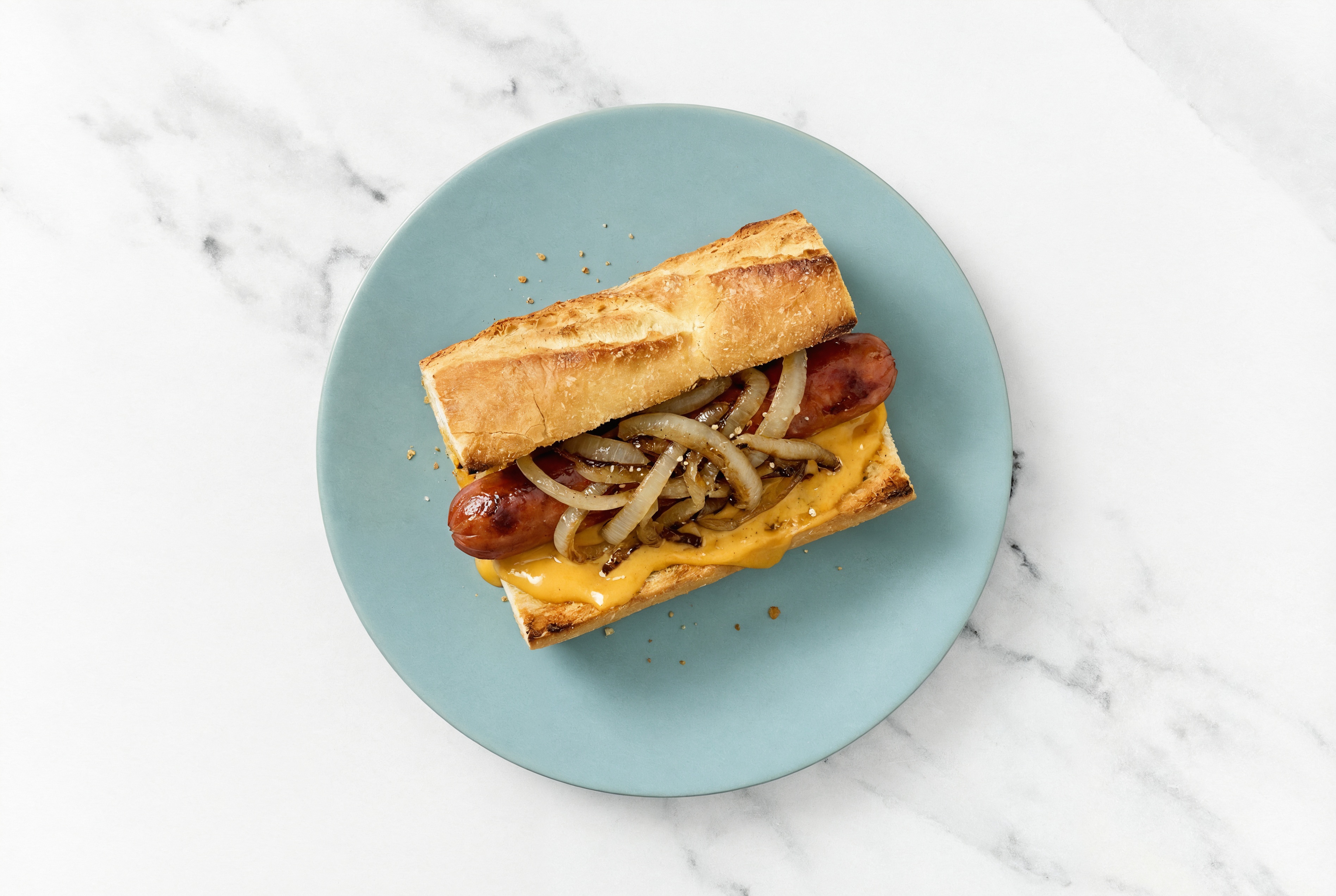 Carmelized Onion Beef Hot Dog with Super Special Sauce on Baguette