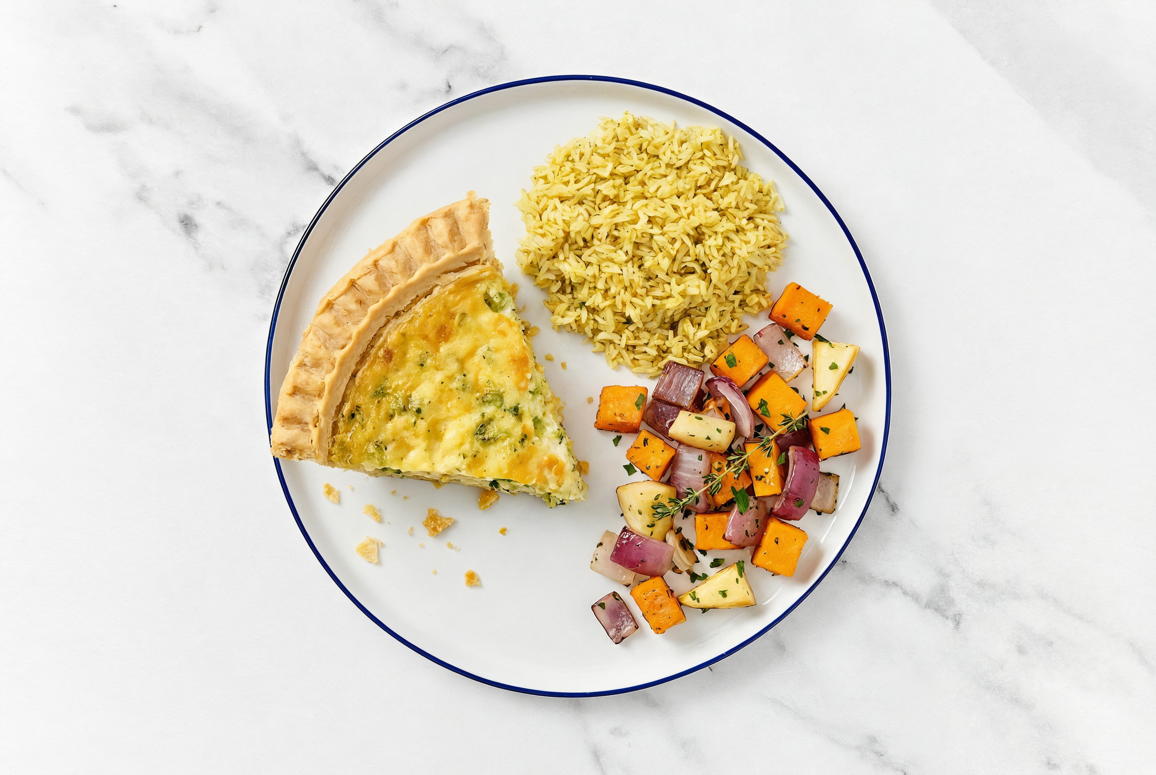 Broccoli & Cheddar Quiche with Roasting Veggies & Jasmine Rice